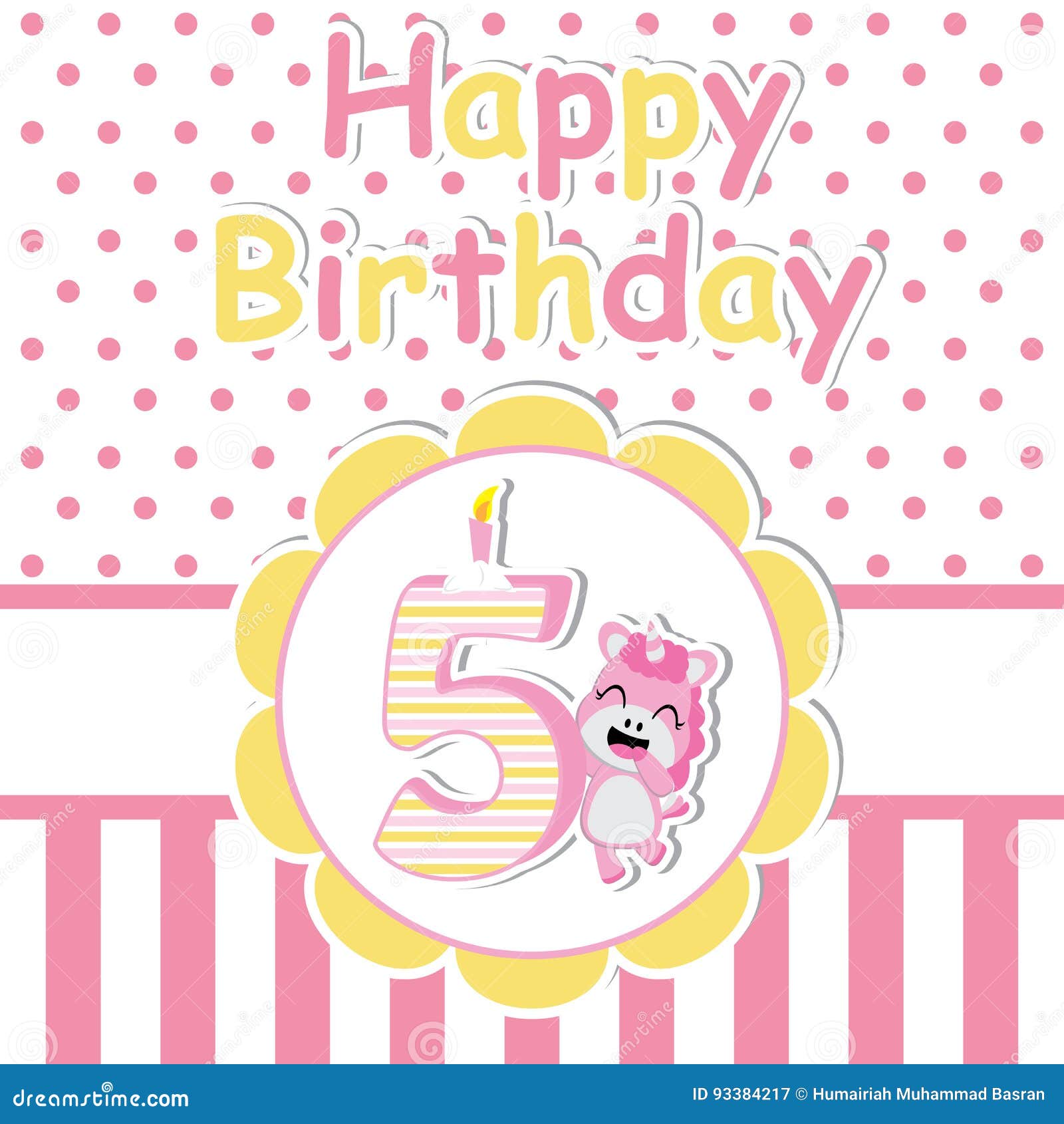 Cute Unicorn With Candle On Flower Frame Cartoon Birthday