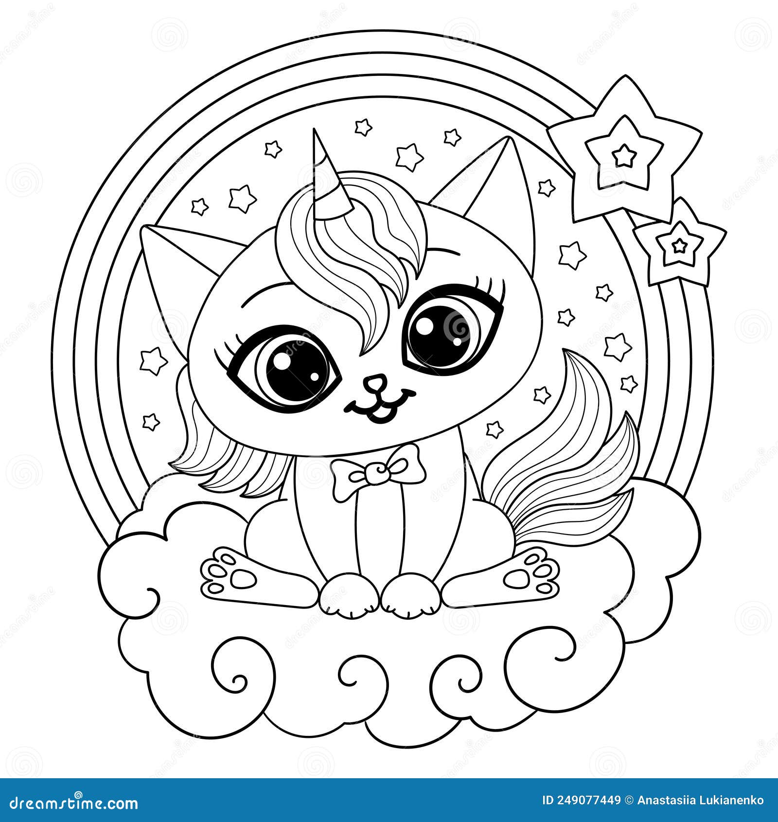 Cute Unicorn Cat. Black and White Linear Drawing. Vector Stock Vector ...