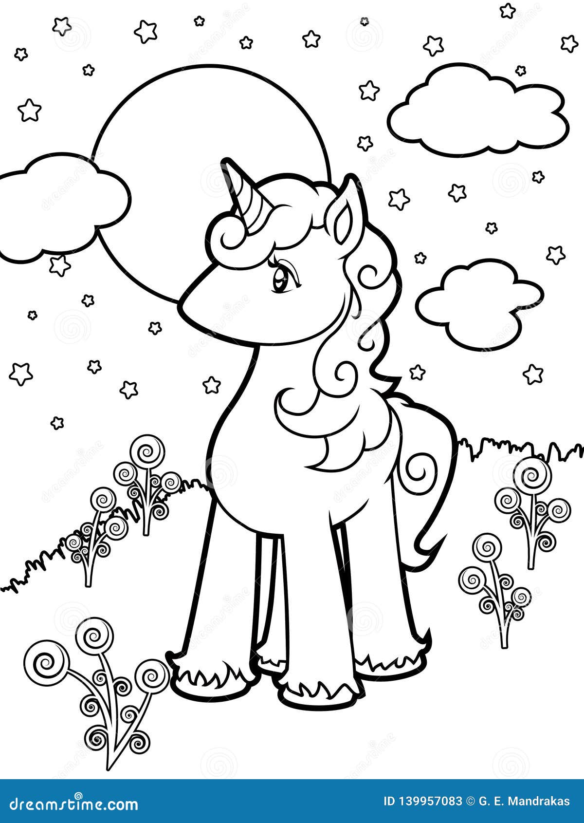 coloring sheet of cute unicorn in the moonlight and stars