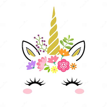 Cute Unicorn Face with Gold Horn and Flowers Isolated on White ...