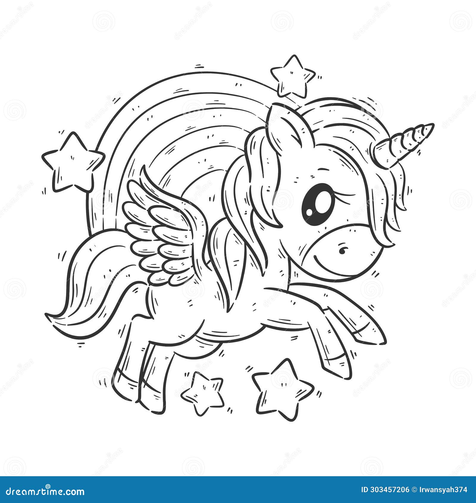 Cute Unicorn is in Front of the Rainbow for Coloring Stock Vector ...