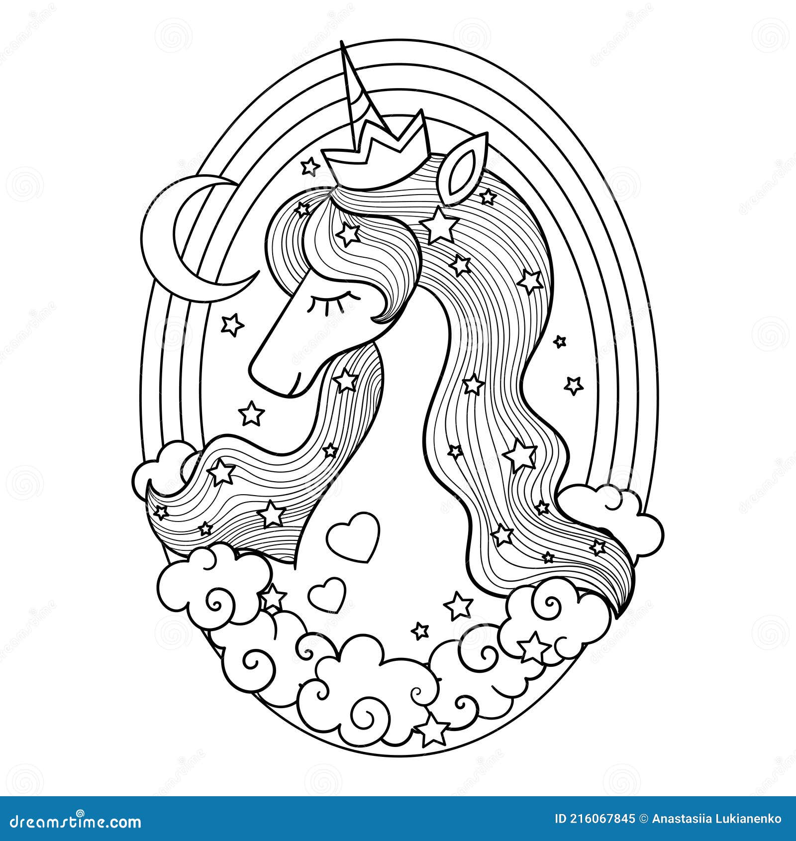 Cute Unicorn Head and Rainbow. Black and White Linear Illustration for ...