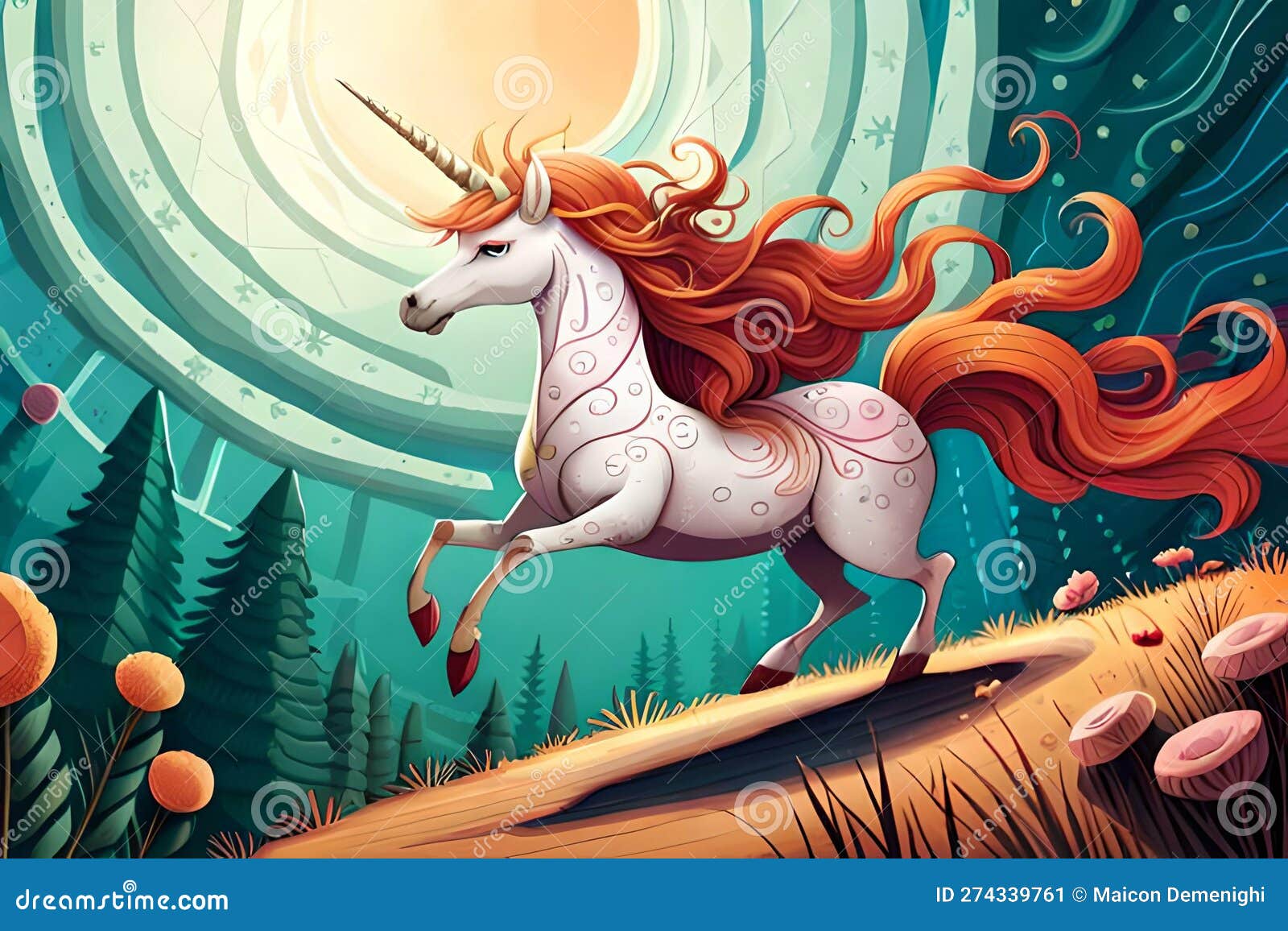 Cute Unicorn Illustration and Forest and Sun Background Stock ...
