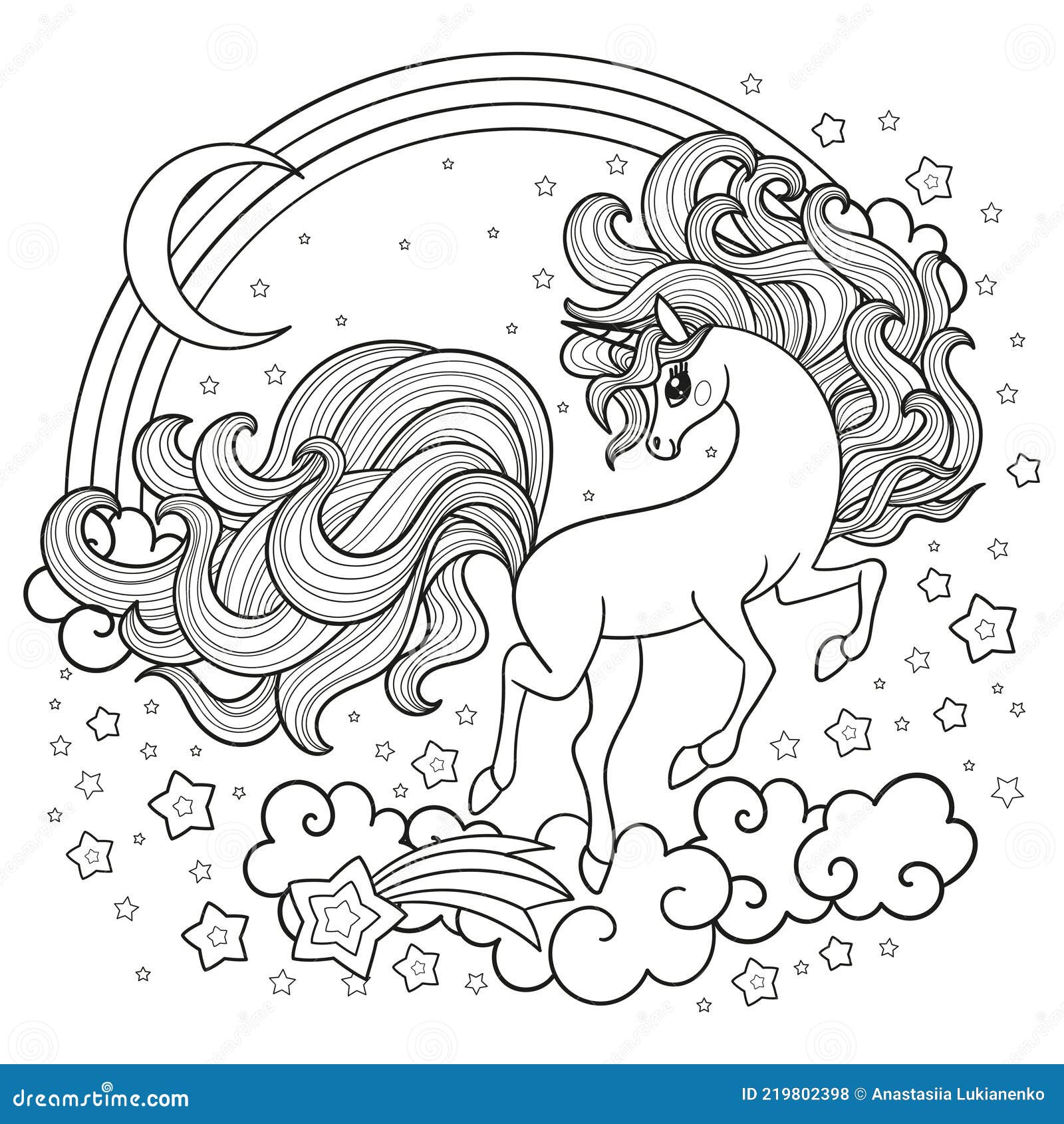 A Cute Unicorn With A Long Mane Gallops Among The Stars. Black And ...