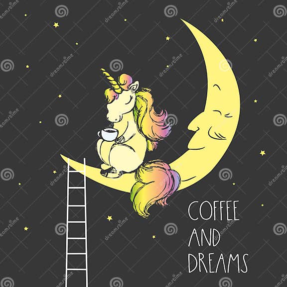 Cute Unicorn Sitting On Moon And Drink Coffeenight Sky With Stars