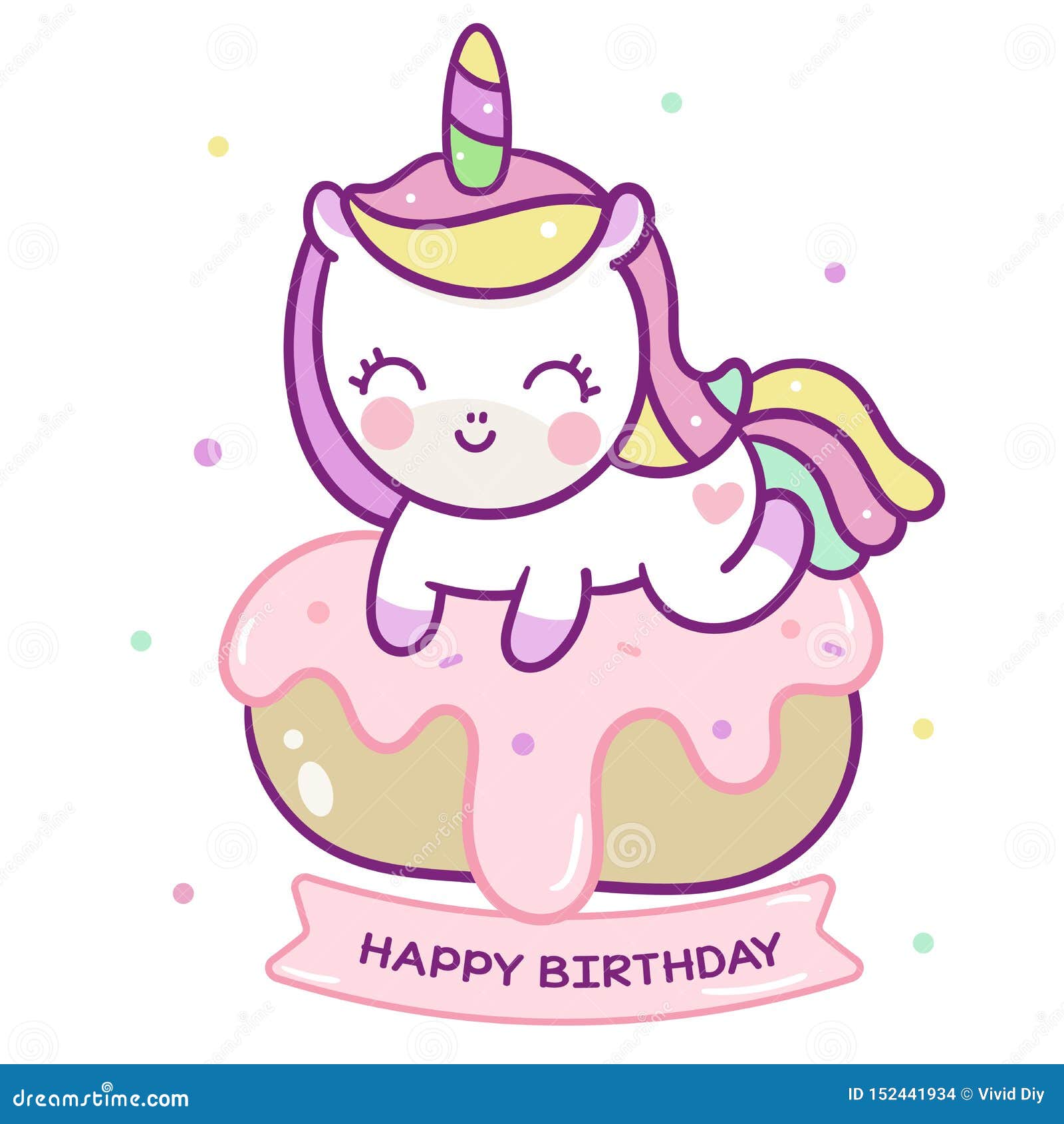 Cute Unicorn Vector Donut Cake Happy Birthday Kawaii Pony Cartoon Stock Vector Illustration Of Celebration Cheerful