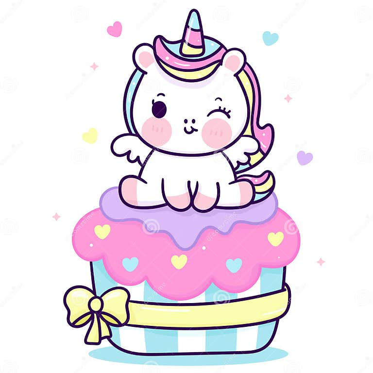 Cute Unicorn Vector Sit on Birthday Cupcake Pony Cartoon Pastel ...