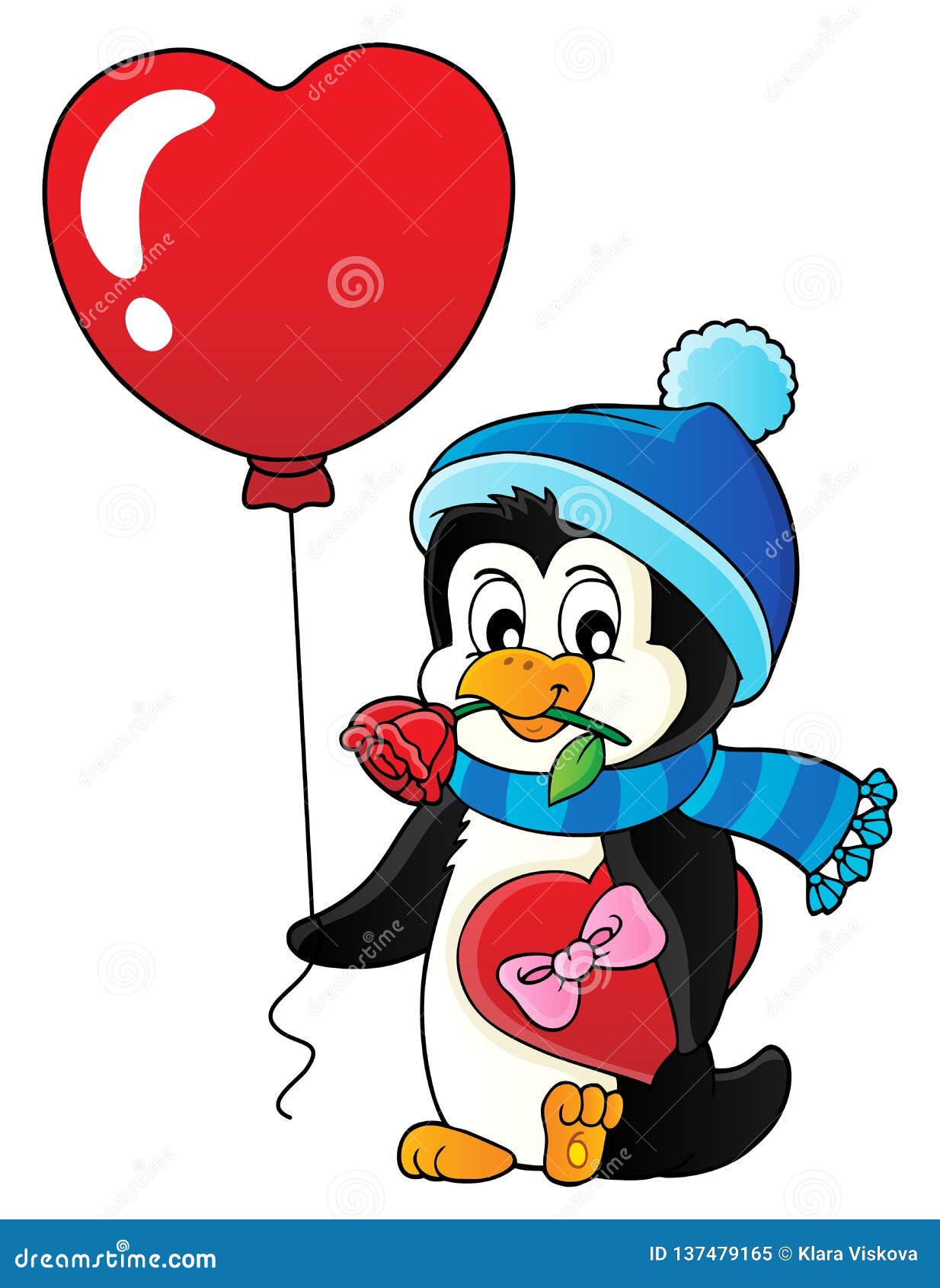 Valentine Day Penguin, Red Heart. Watercolor Illustration Royalty-Free
