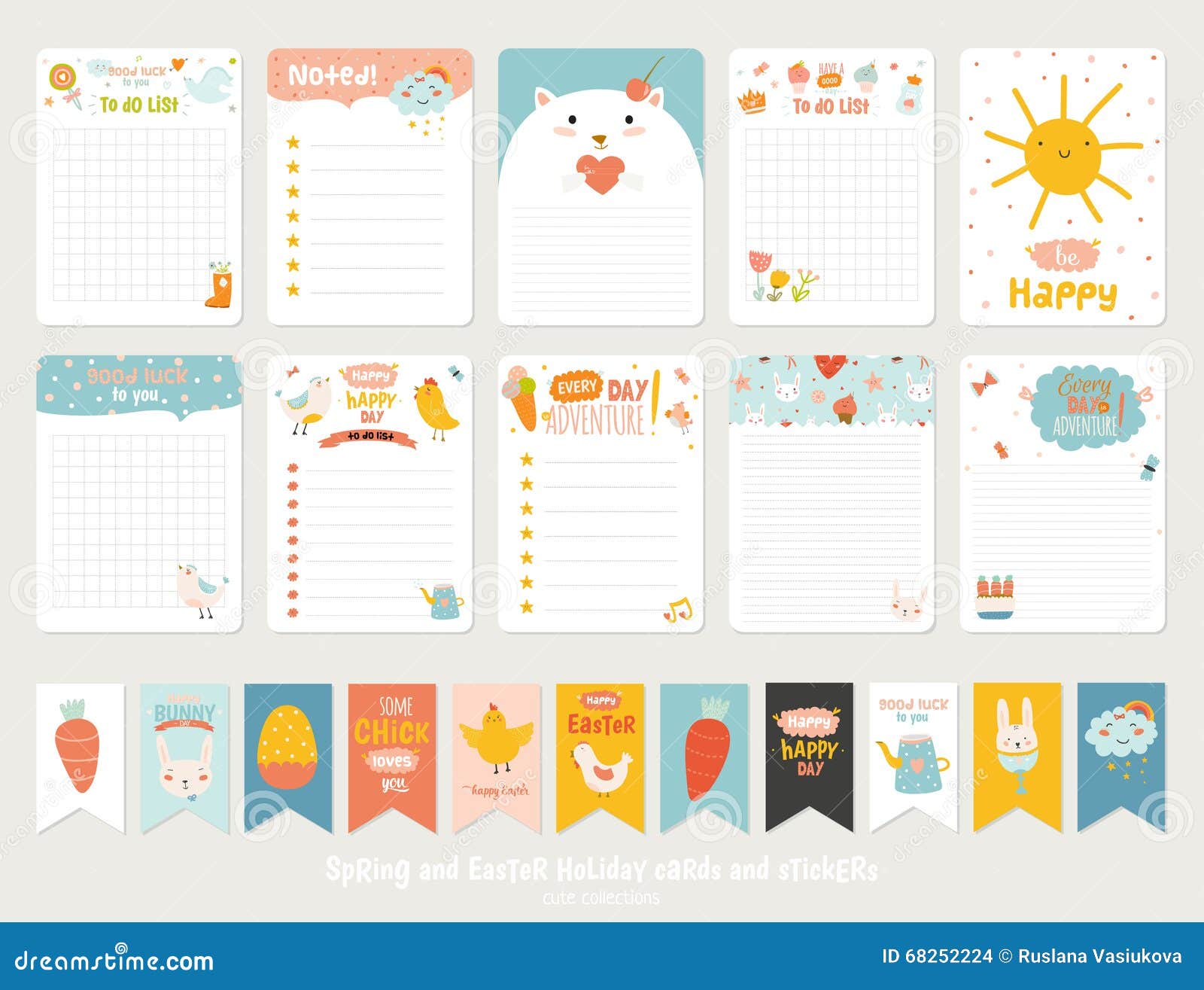 Cute Vector Cards, Notes, Stickers Stock Vector Illustration of happy