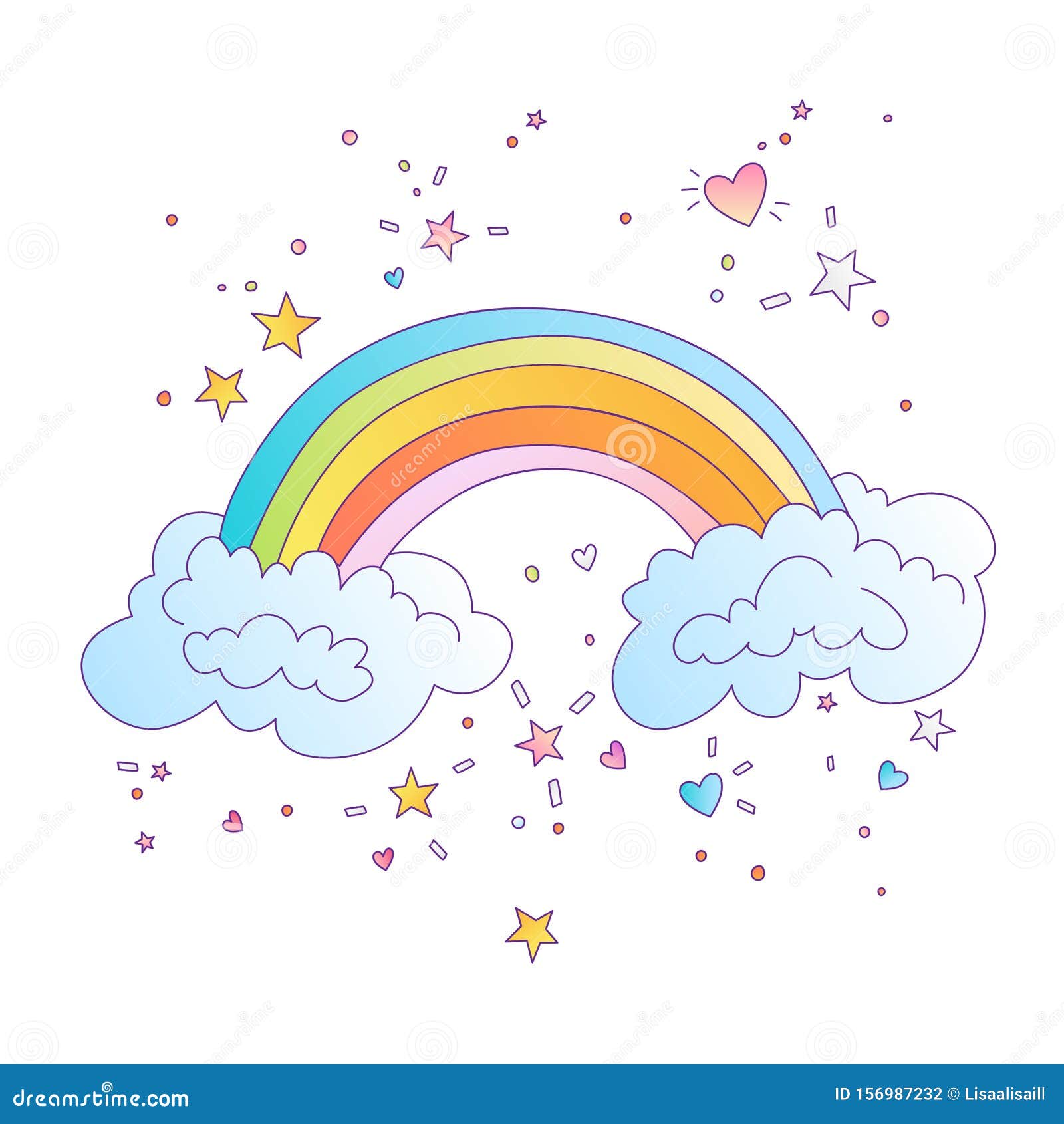 Cute Vector Colored Rainbow with Clouds and Decorative Stars and Elements  Around. Cute Cartoon Rainbow, Hand Draw Style Stock Vector - Illustration  of little, fashion: 156987232