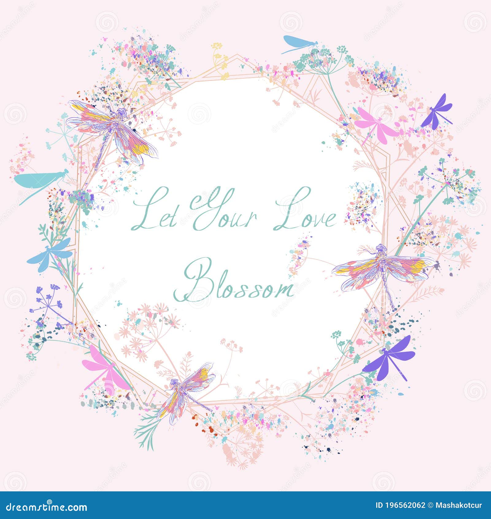 cute  greeting card with rustic pink blue florals and dragonflies, romantic 