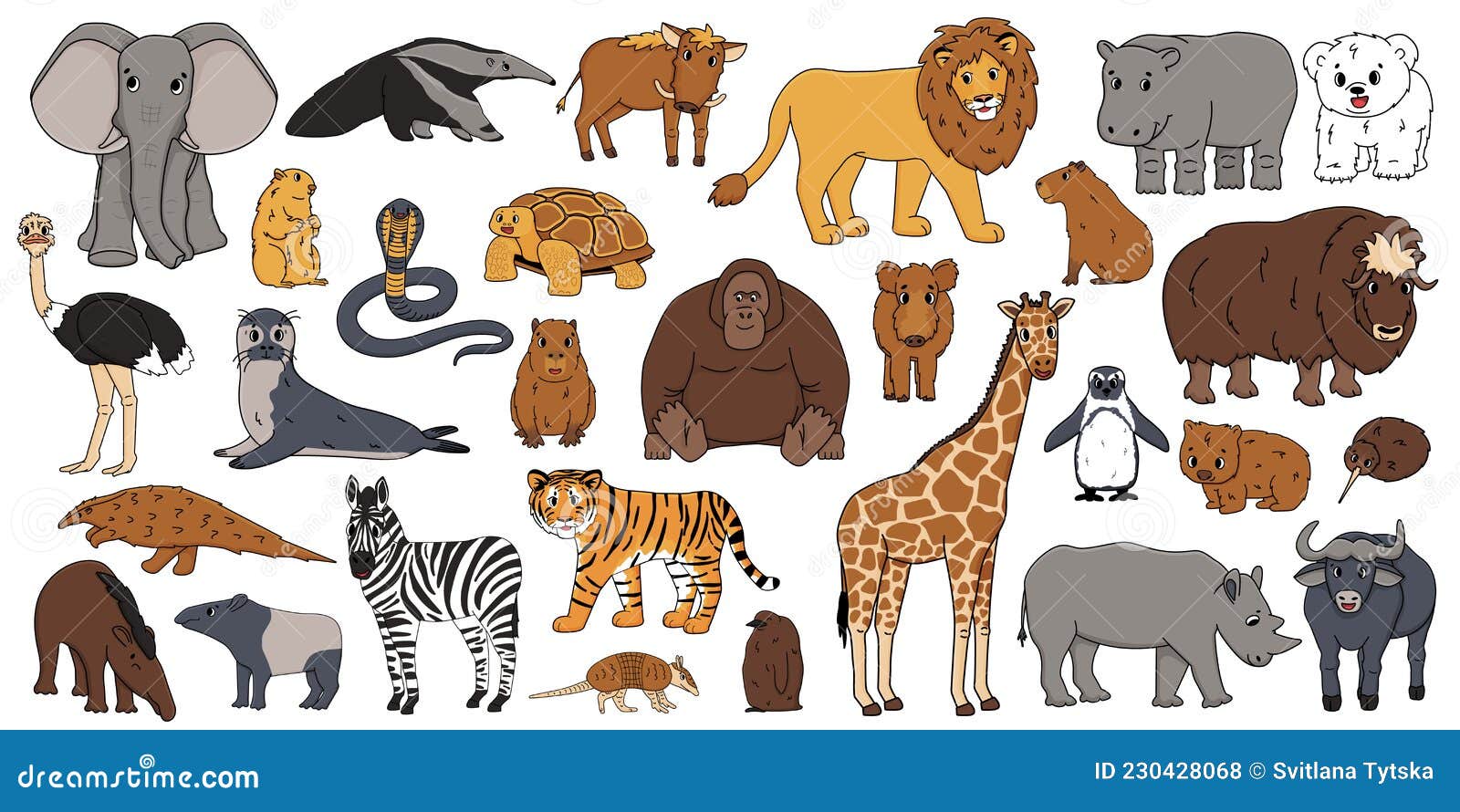 Cute Vector Isolated Animals Big Set. Elephant, Orangutan Monkey, Lion  Tiger Giraffe, Hippo, Rhinoceros Tapir Zebra, Bear, Wombat Stock Vector -  Illustration of penguin, buffalo: 230428068
