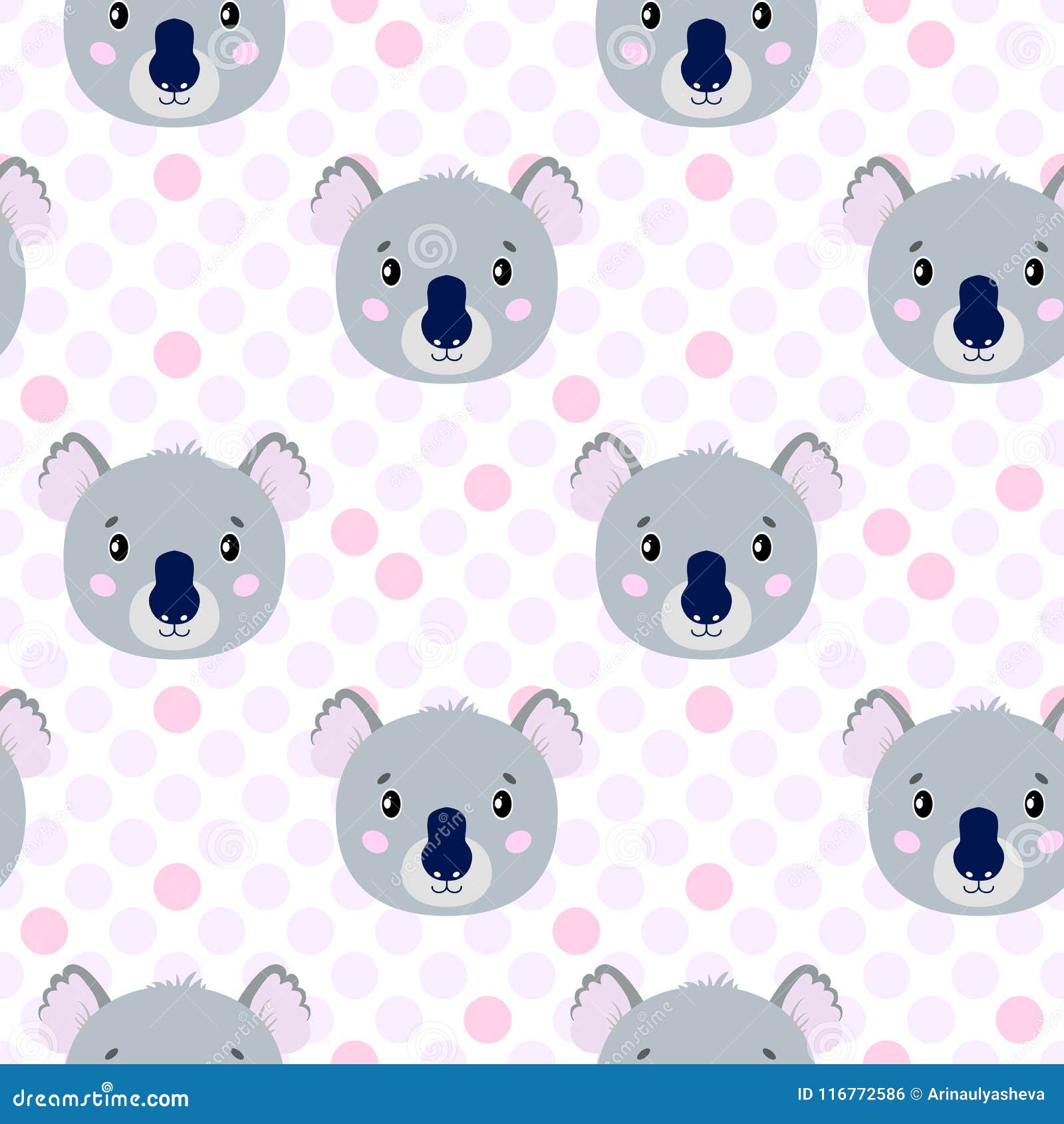 cute  seamless pattern with koala face, hare. on white background in polka dots.