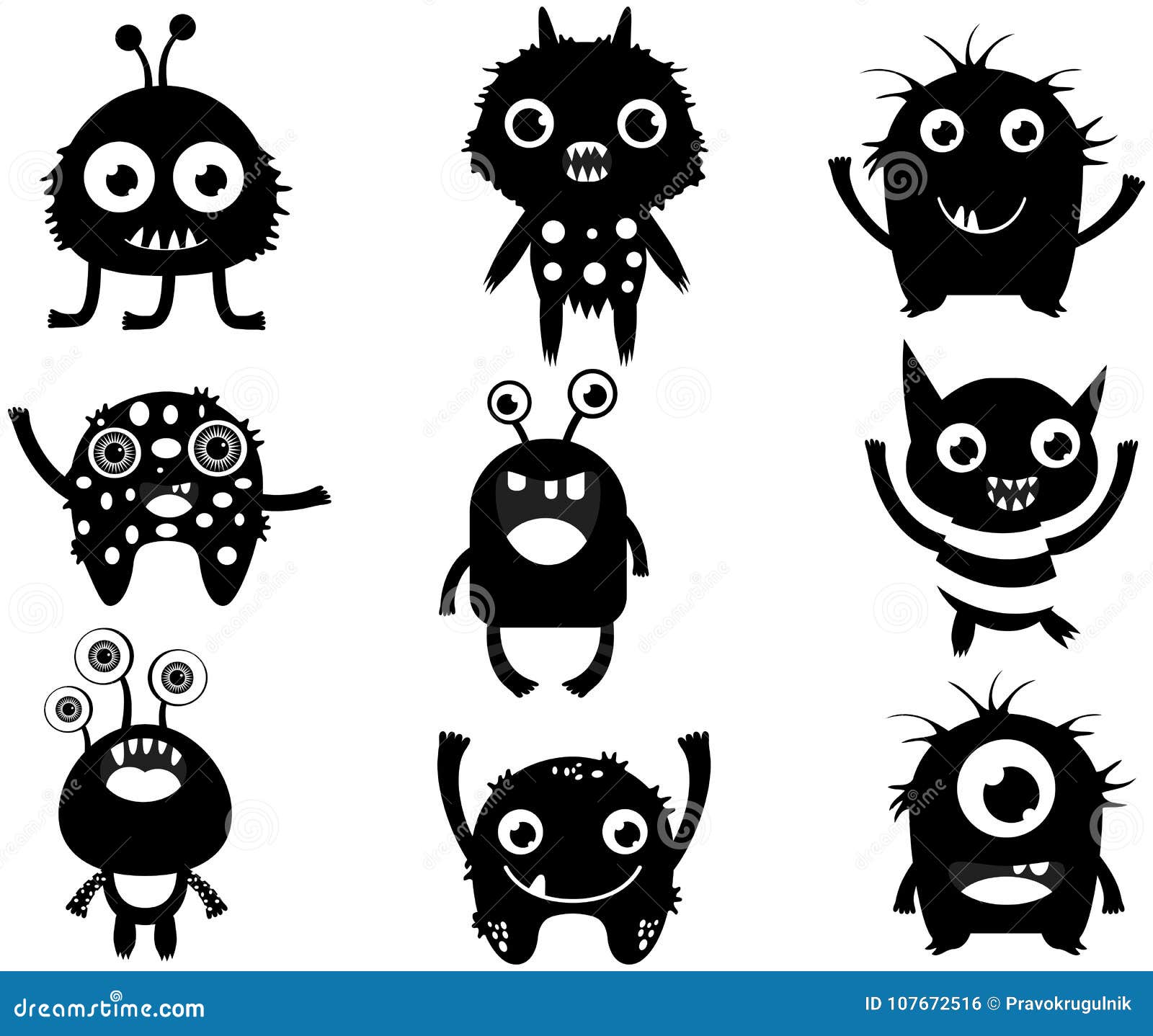Download Cute Vector Set With Fun Monster Silhouette In Black Color ...