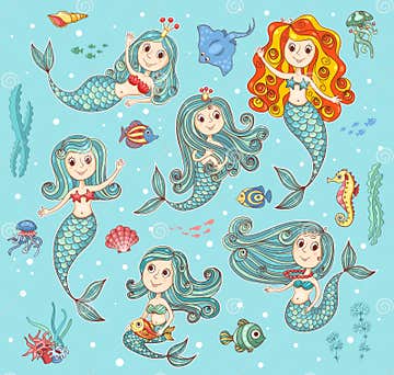 Cute Vector Set with Mermaids Stock Vector - Illustration of fantasy ...