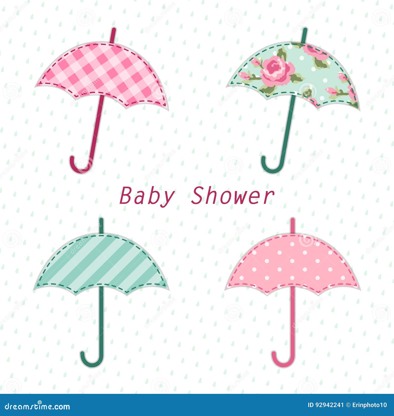 Cute Vintage Baby Shower Card With Umbrella As Fabric Applique Stock