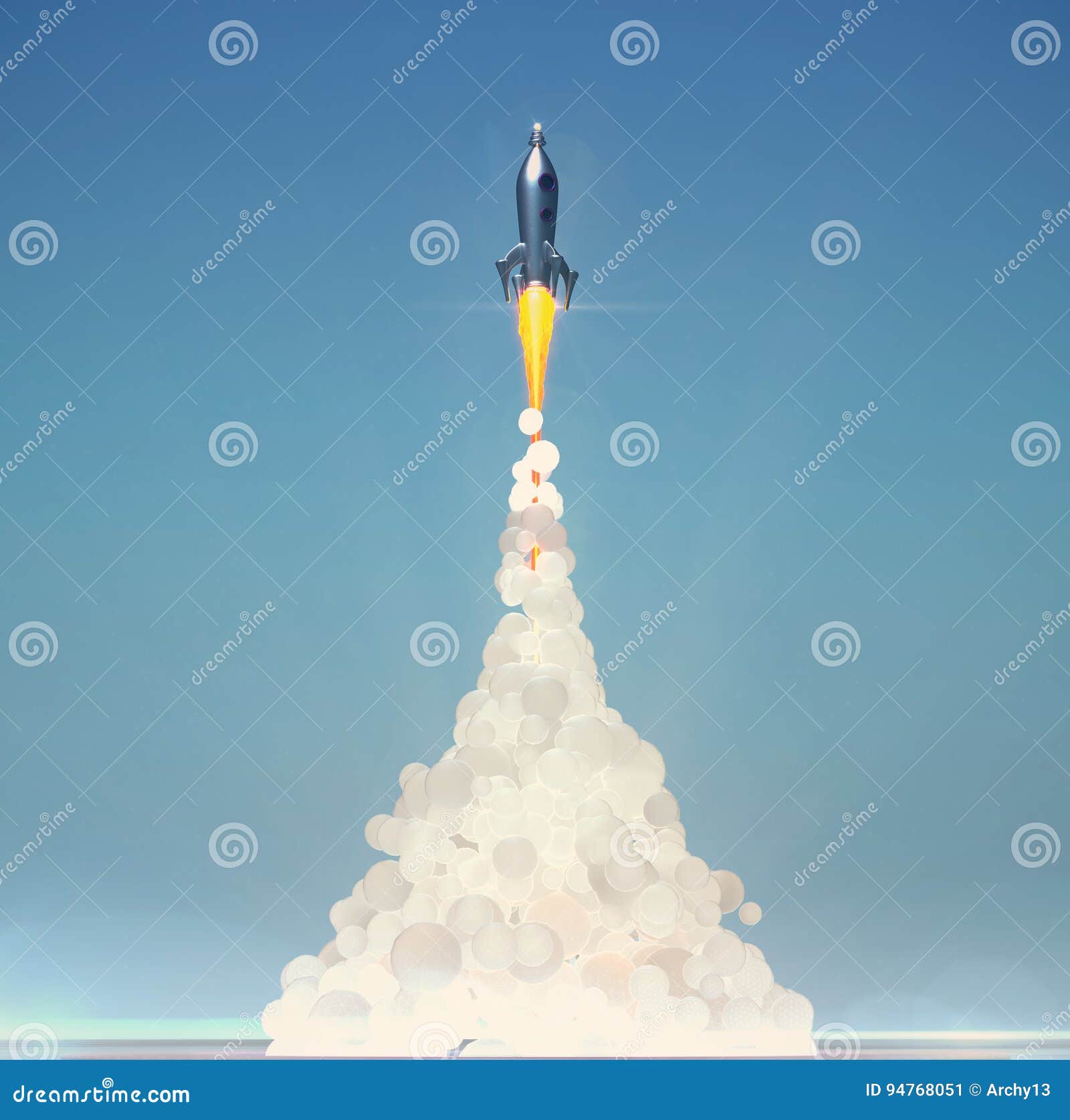 Vintage Rocket Ship Blasting Off Drawing Vector Illustration