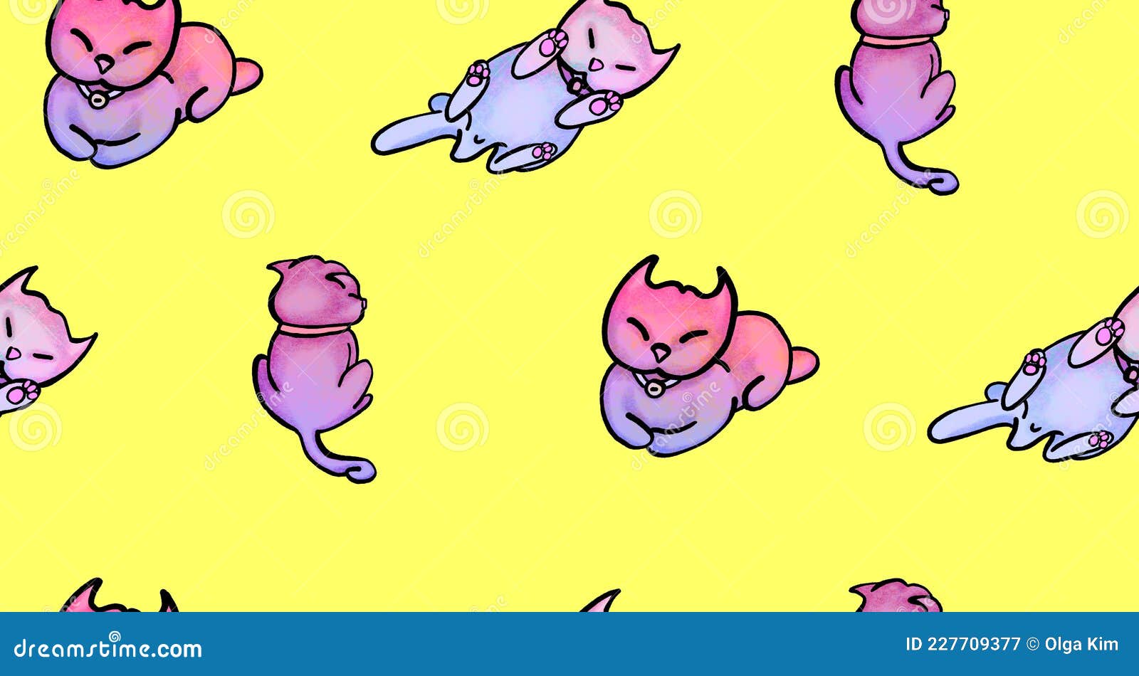 Cute Violet Cats in a Seamless Pattern on Yellow. Stock Image - Image ...