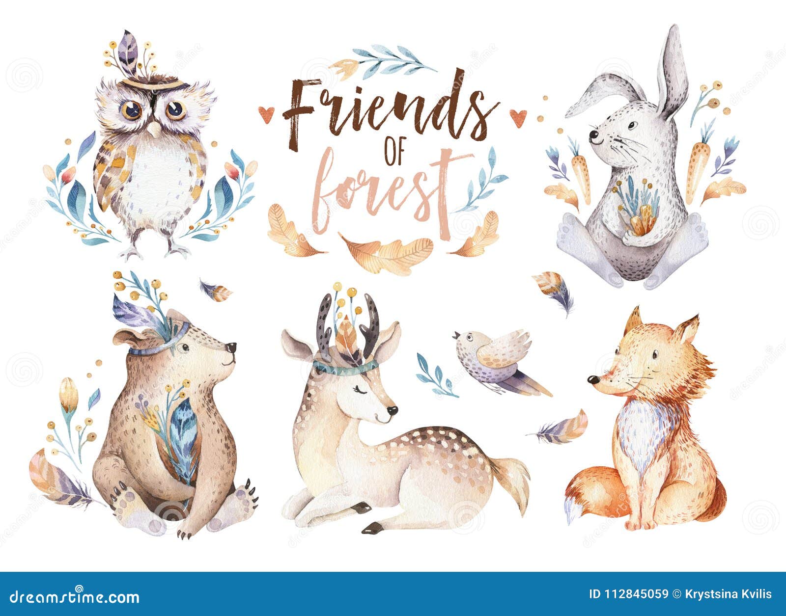 cute watercolor bohemian baby cartoon rabbit and bear animal for kindergarten, woodland deer, fox and owl nursery