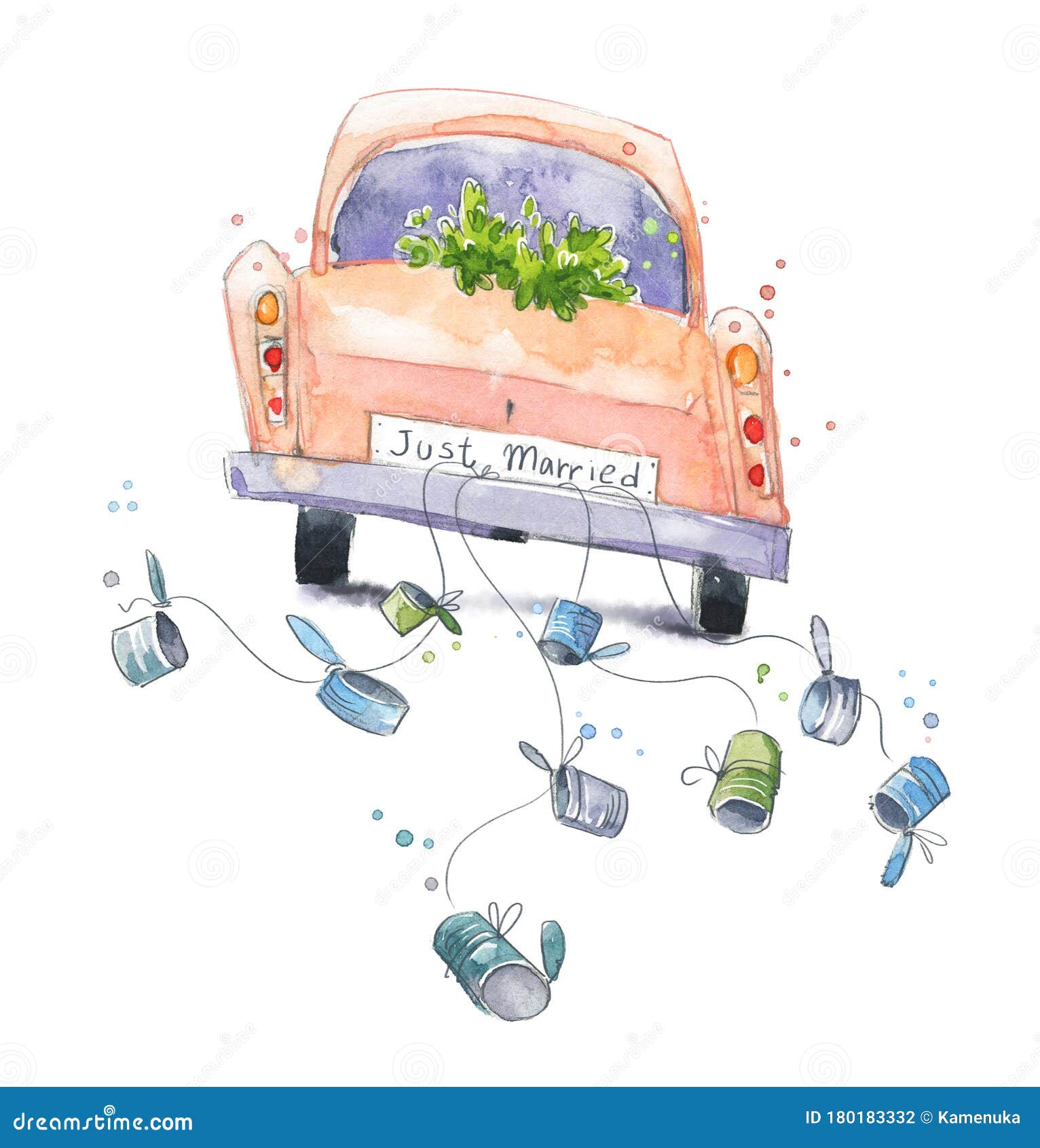 cute watercolor car with just married sign on a wedding travel