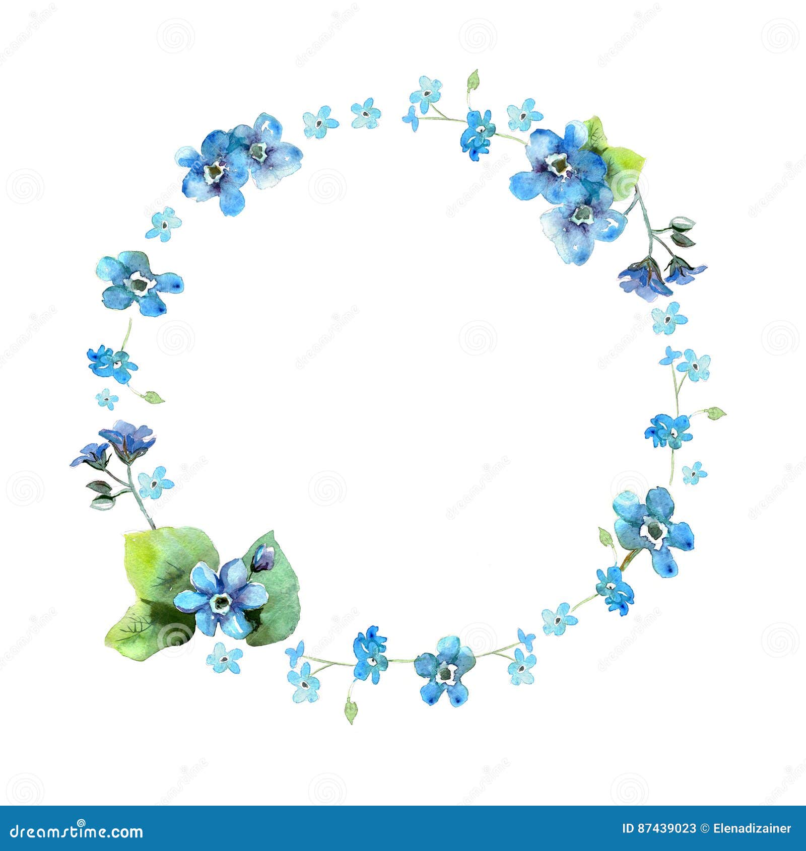 cute watercolor circular flower frame. background with watercolor forget me nots