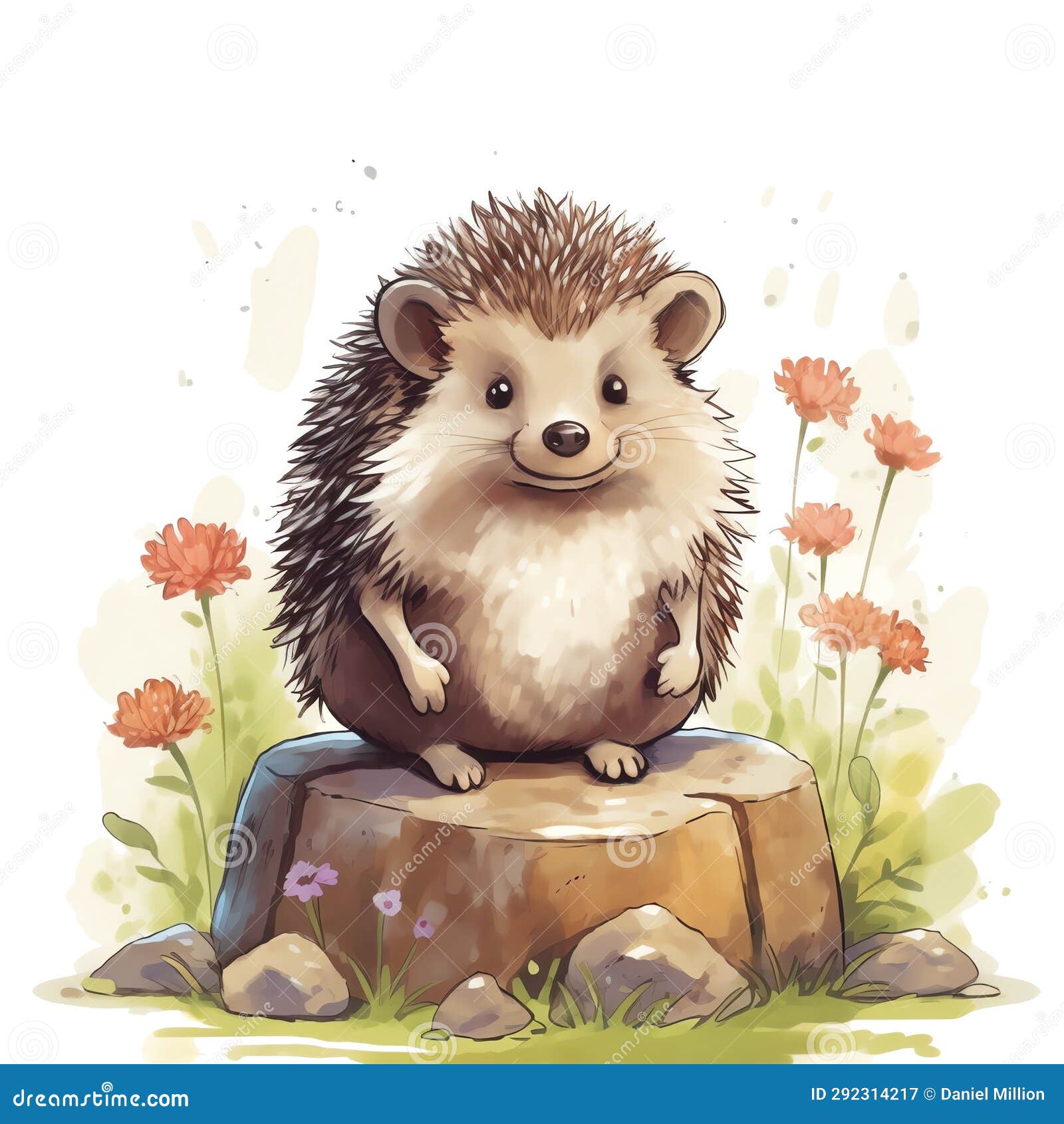 Cute Watercolor Hedgehog with Floral Plants Illustration, Woodland ...