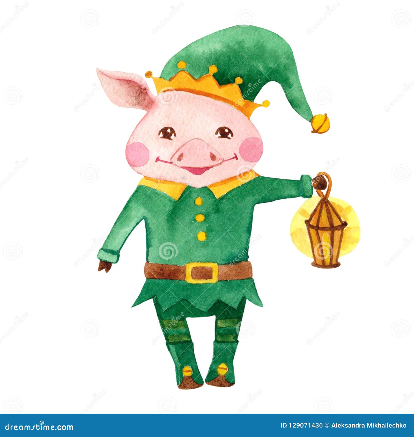 Cute Watercolor Pig Character In Christmas Elf Costume