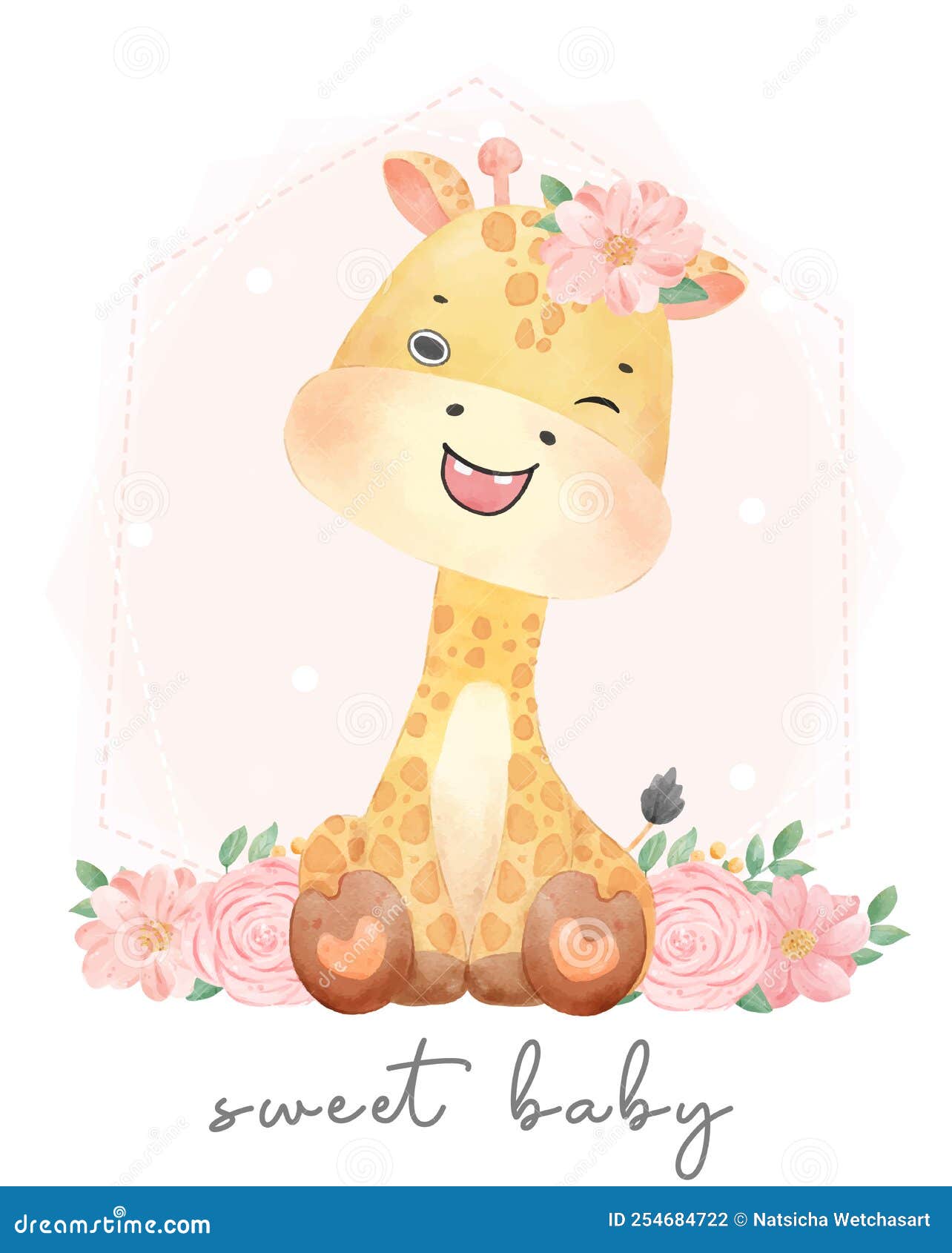 Cute Watercolor Happy Nerdy Kid Giraffe Reading Book Sitting on Stack