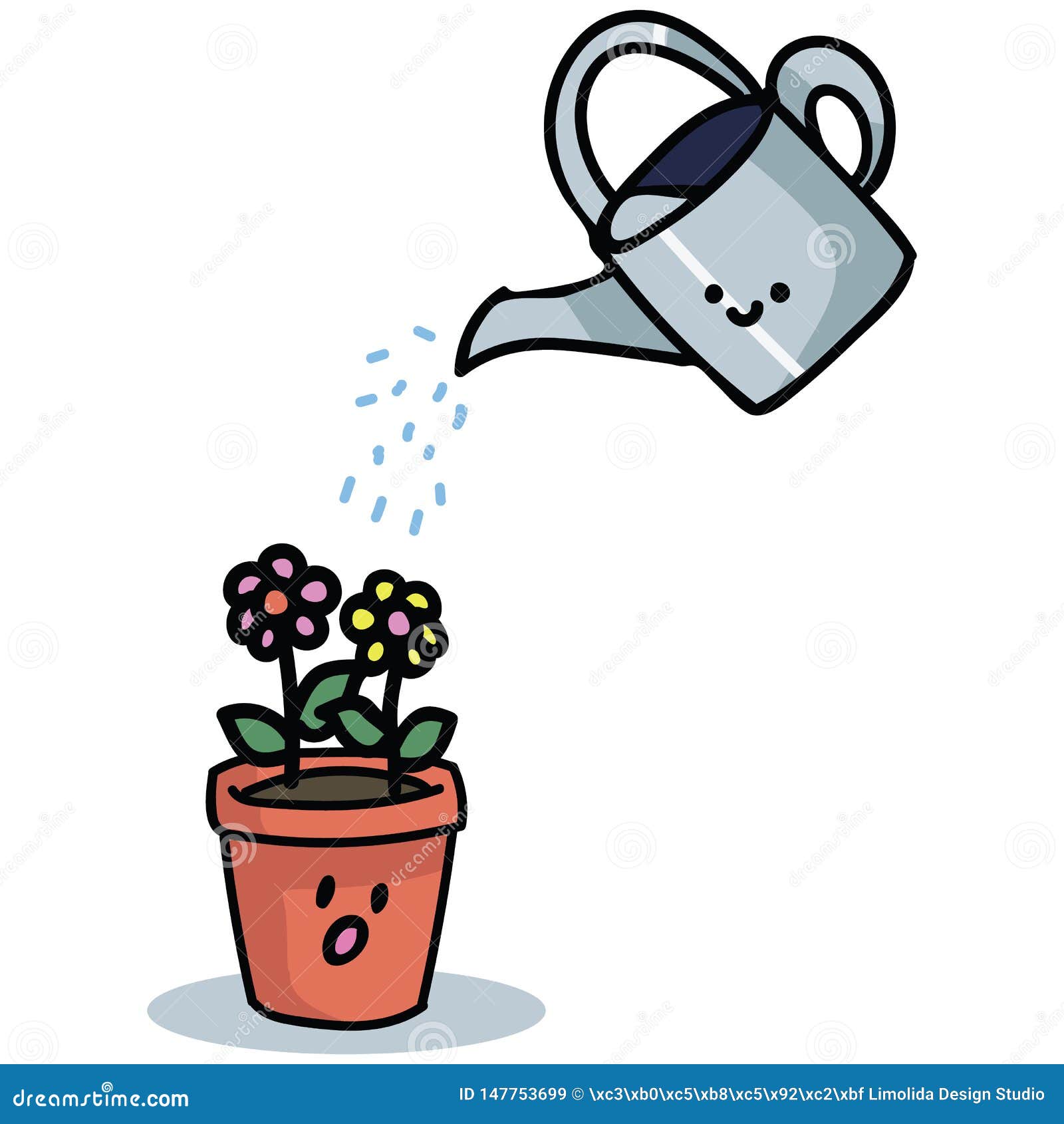 Cute Watering Can with Flowers and Kawaii Face Cartoon Vector ...