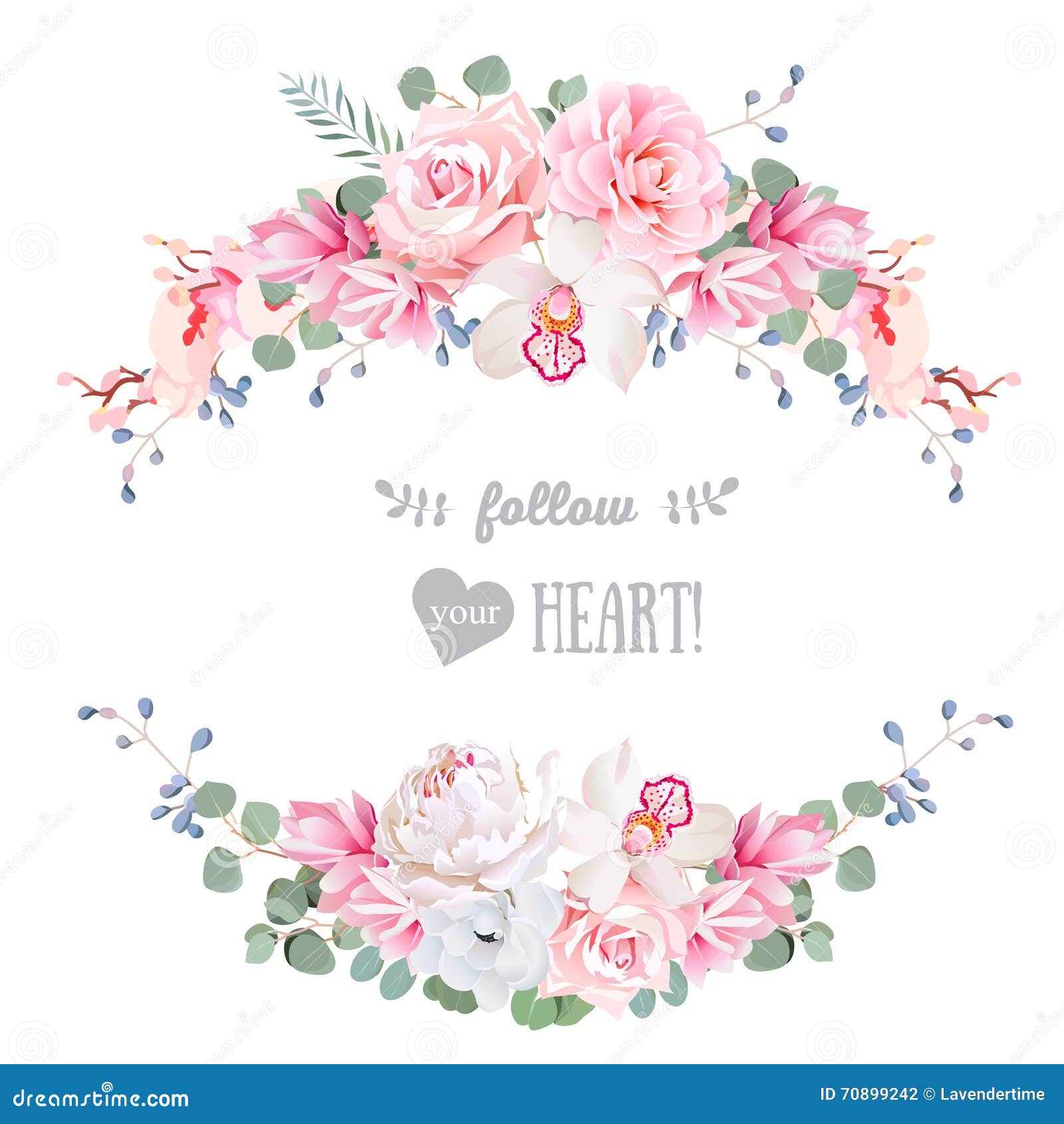 cute wedding floral   frame. rose, peony, orchid, anemone, pink flowers, eucaliptus leaves.