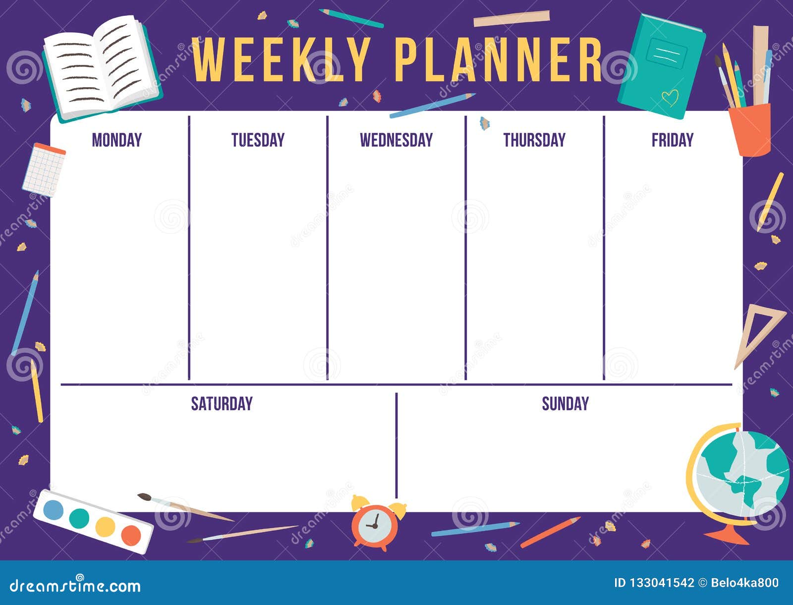 Cute Weekly Planner with Hand Drawn School Elements. Stock Vector