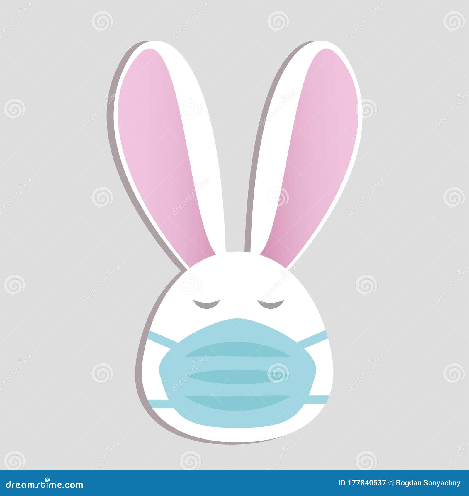 cute white bunny in face mask on grey background with text. stay home stay safe. air pollution concept. spring allergy.  in
