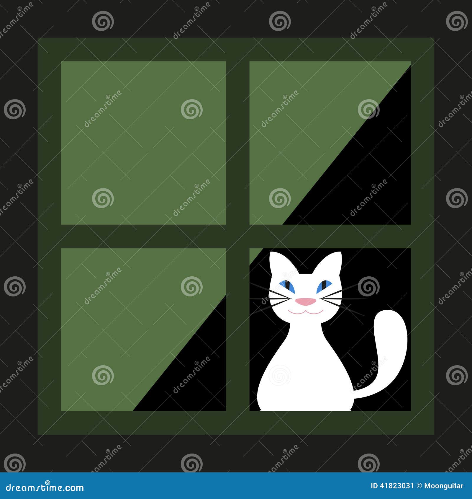 Cute White Cat Behind A Curtain In The Window. Vector 