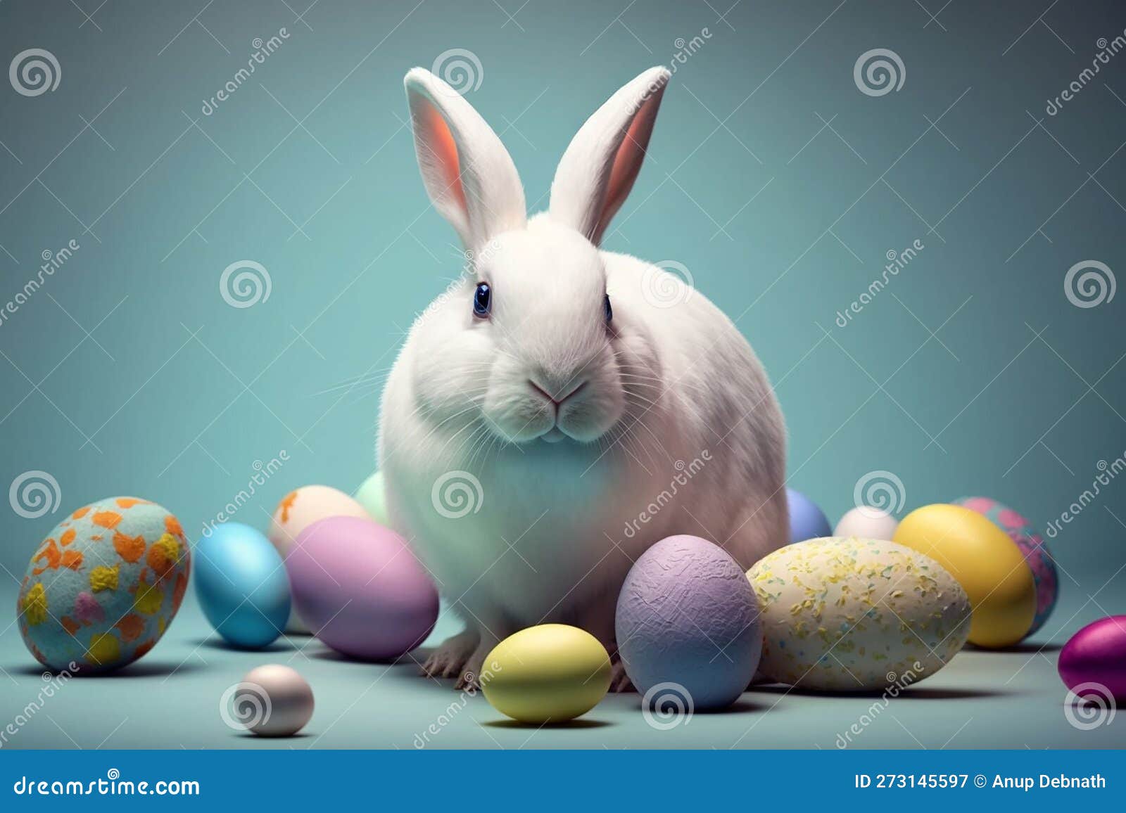 Cute White Easter Egg Bunny Surrounded by Easter Eggs with Copy Space ...