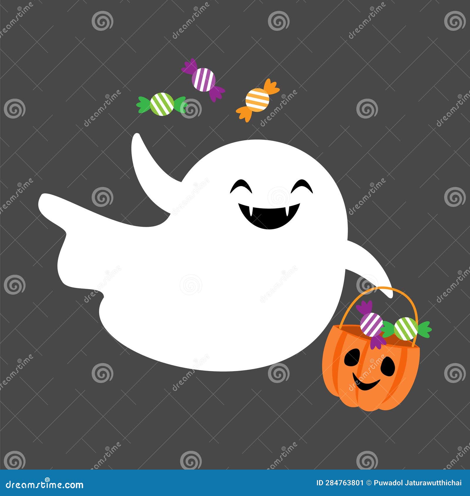 cute white ghost hold basket of toffy . halloween cartoon character . flat  . 