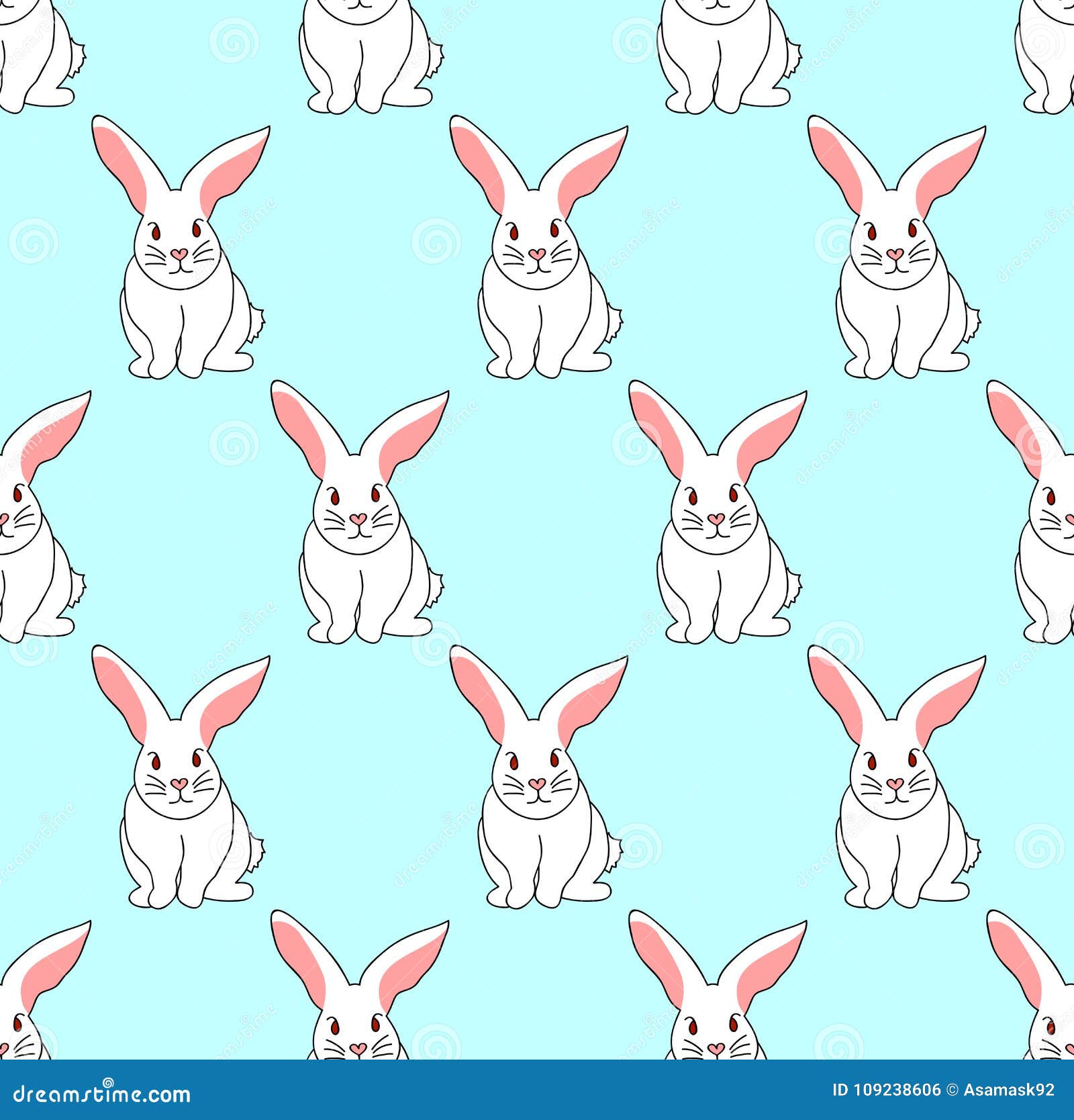 Cute White Rabbit on Blue Mint Background. Vector Illustration. Stock