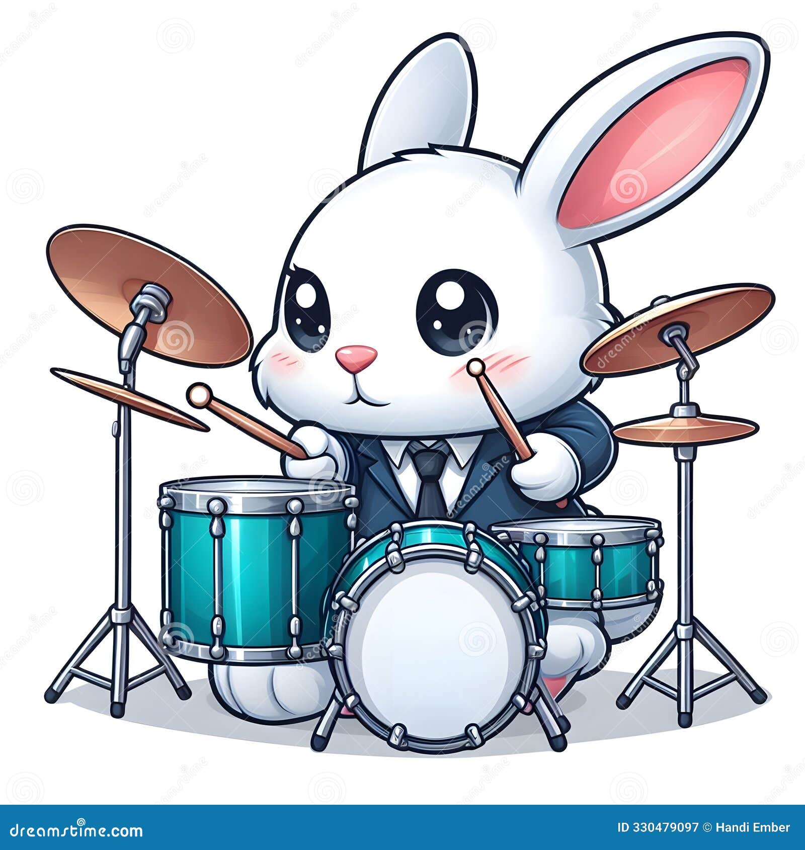 cute white rabbit wearing a suit and play drum printable print