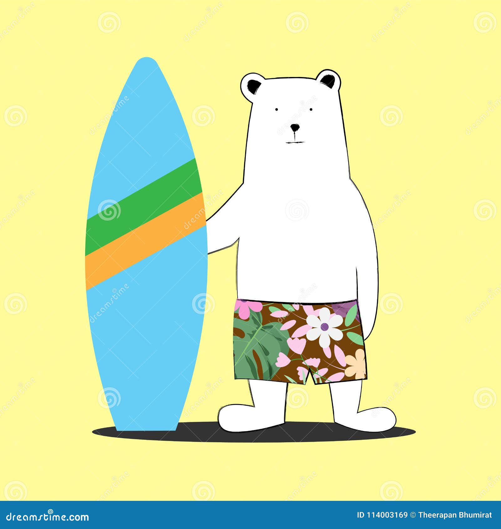 Cute White Summer Bear Cartoon with Surf Board on Yellow. Stock Vector ...