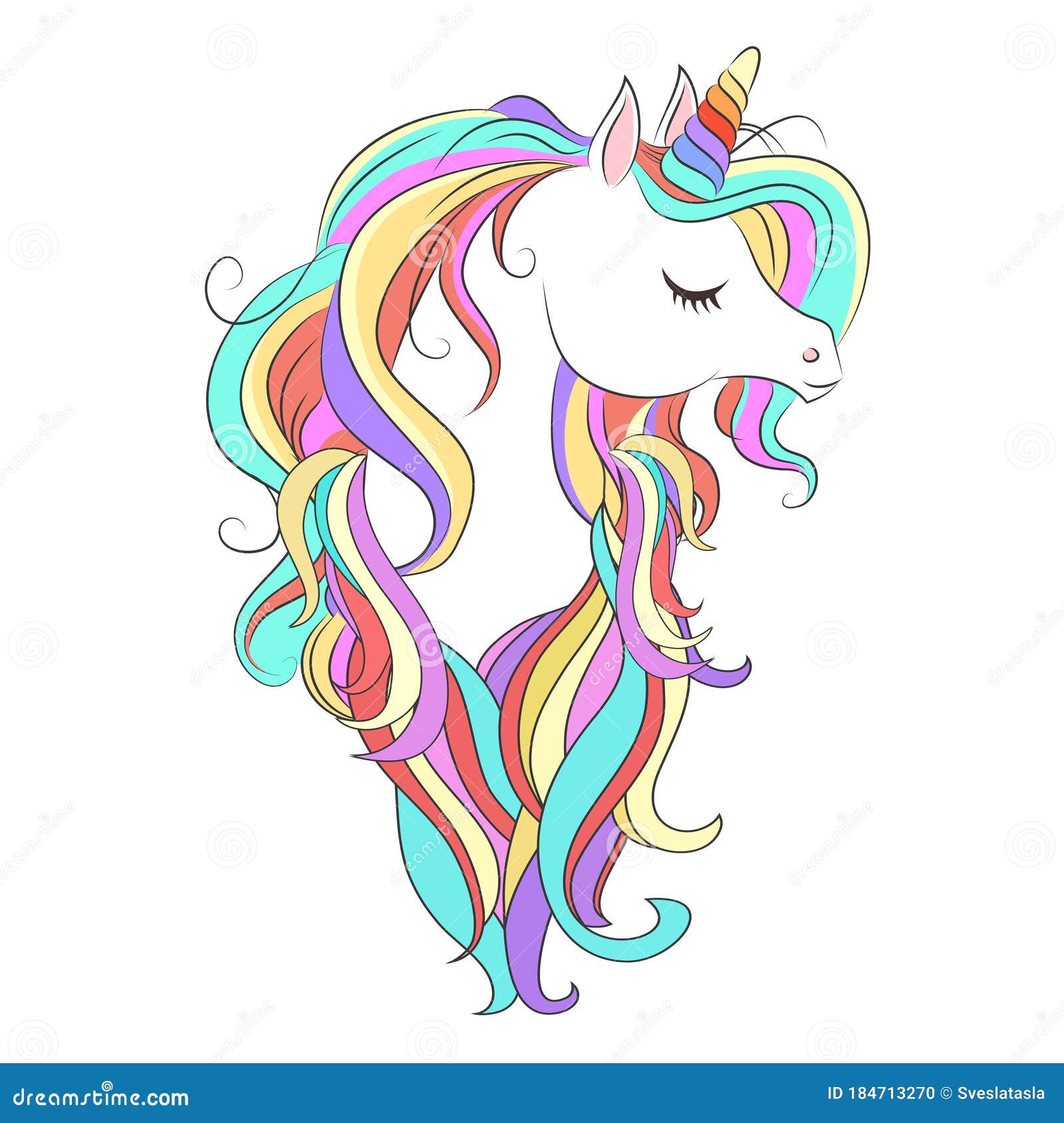 Cute White Unicorn with Rainbow Hair Stock Vector - Illustration of ...