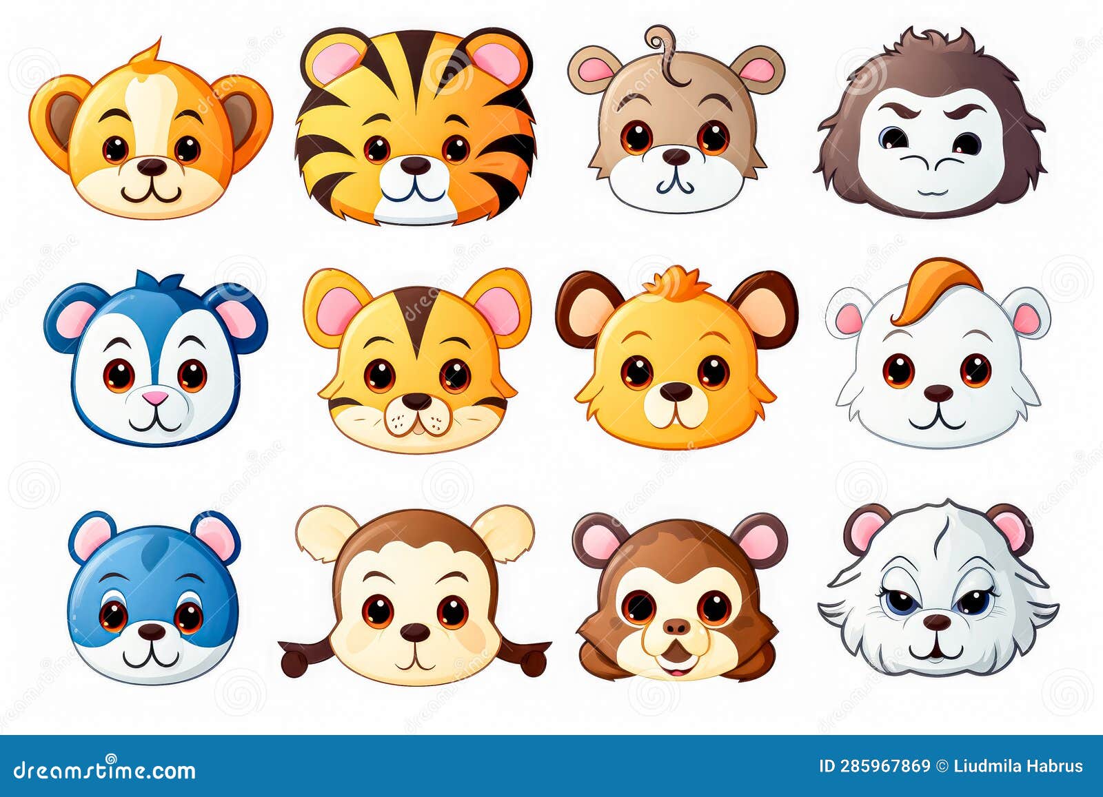 Cute Wild Animals Sticker Set. Illustration in Cartoon Style Stock