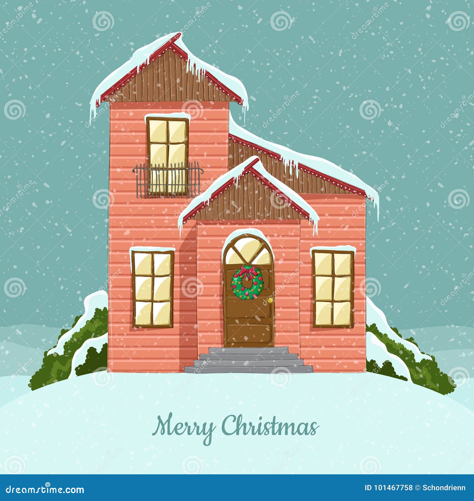 Download Cute Winter House Illustration For Christmas, In Snowfall Stock Vector - Illustration of ...