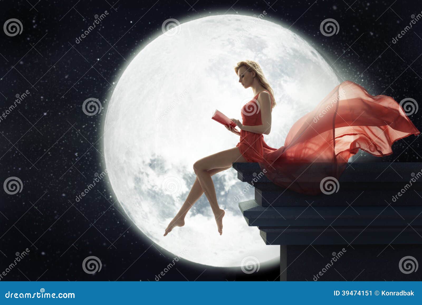 cute woman over full moon background