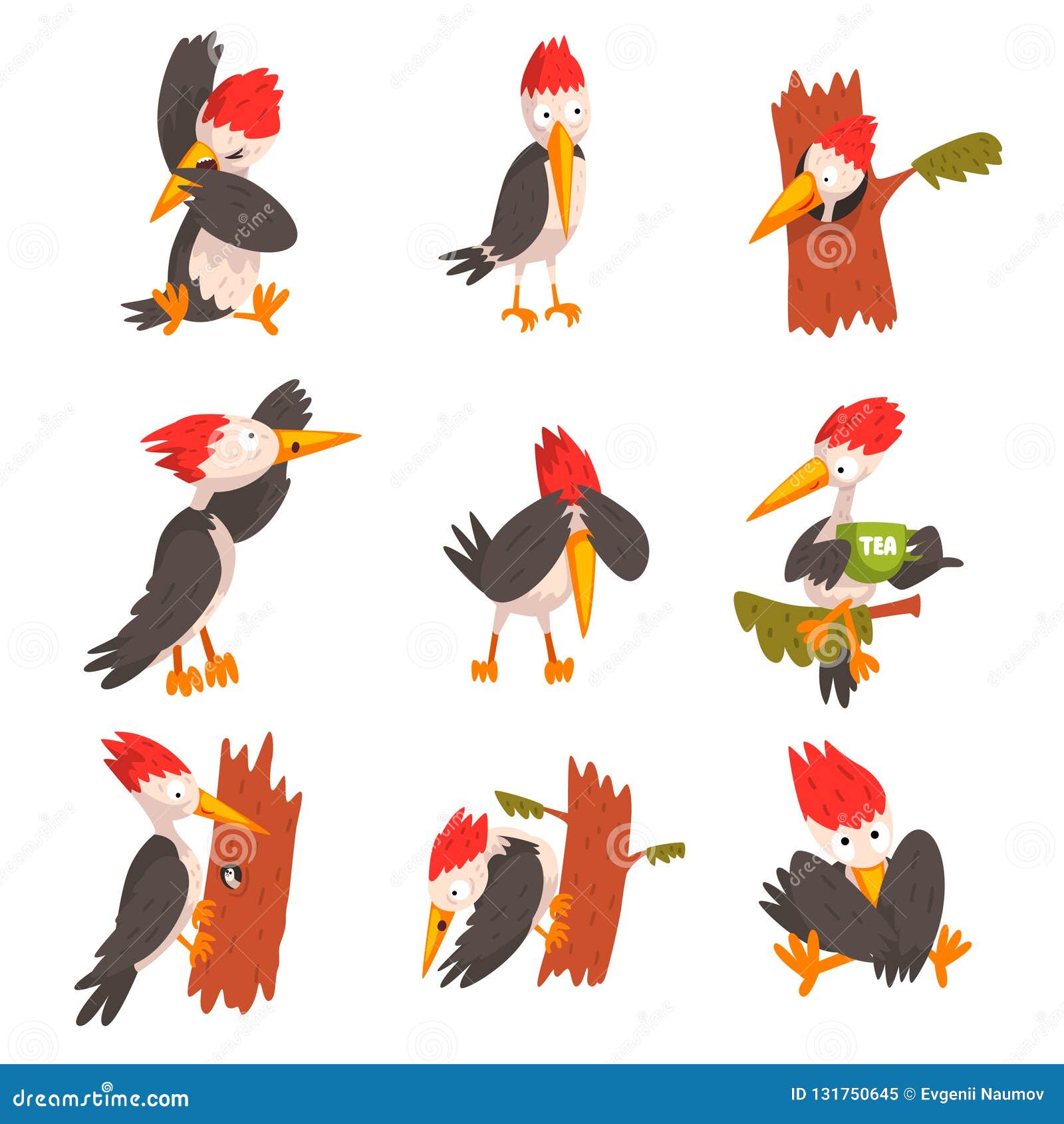 cute woodpecker set, funny bird cartoon character in different situations   on a white background