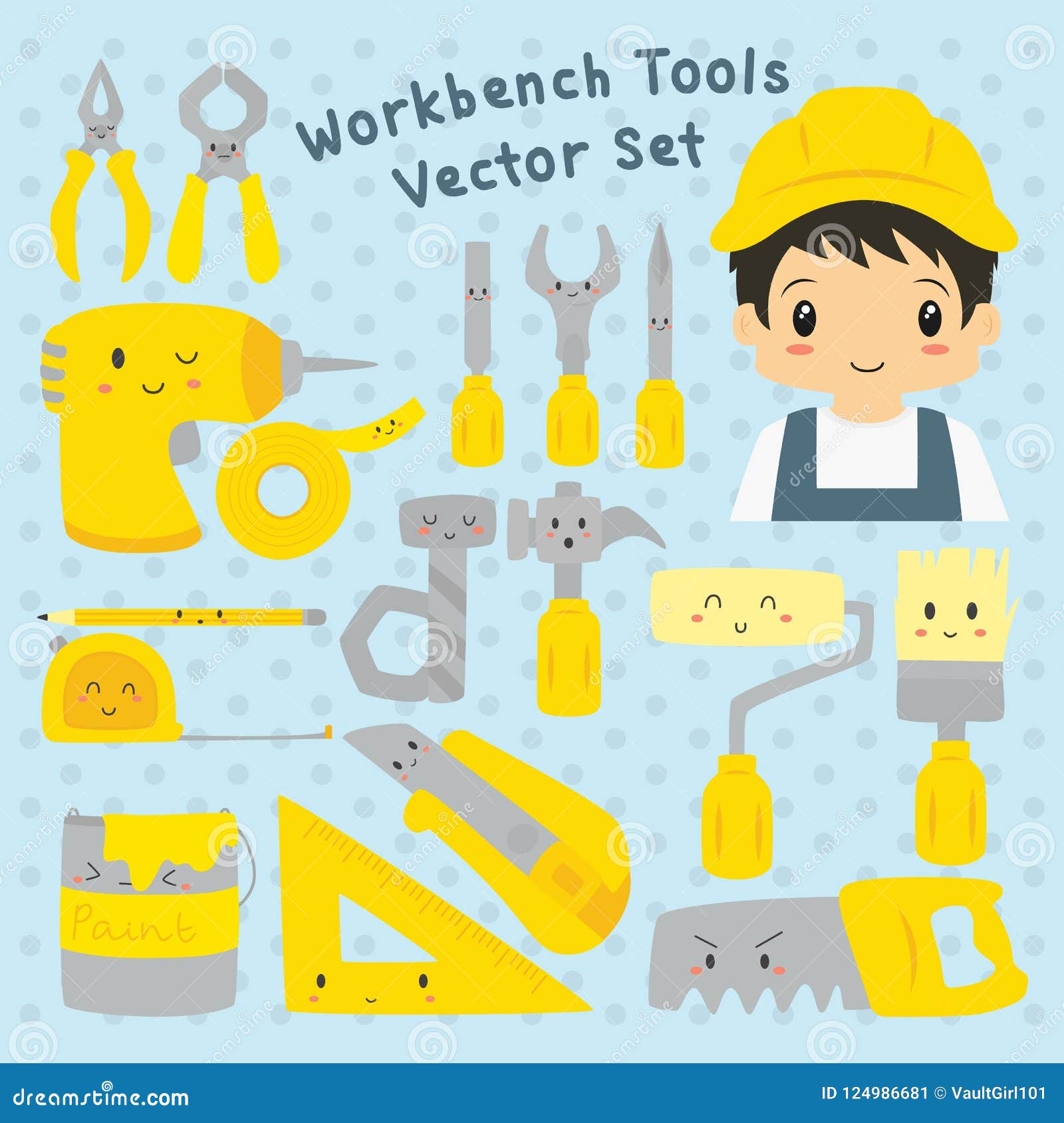 cute worker and tools