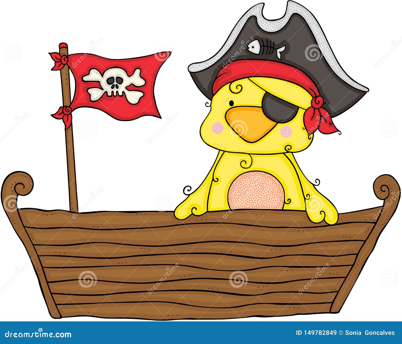 cute yellow bird pirata on wooden boat