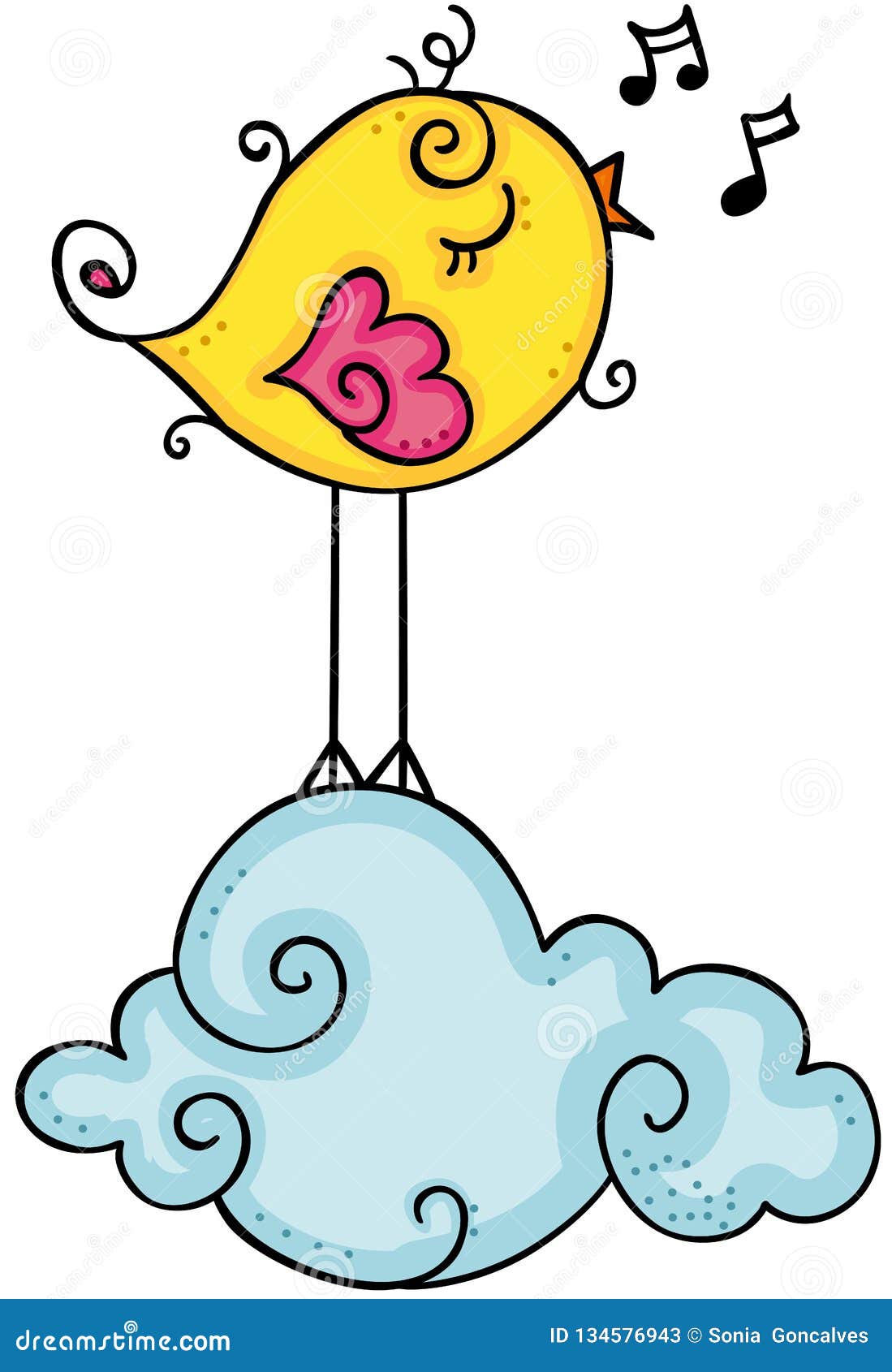 Cute Yellow Bird Singing on Cloud Stock Vector Illustration of music