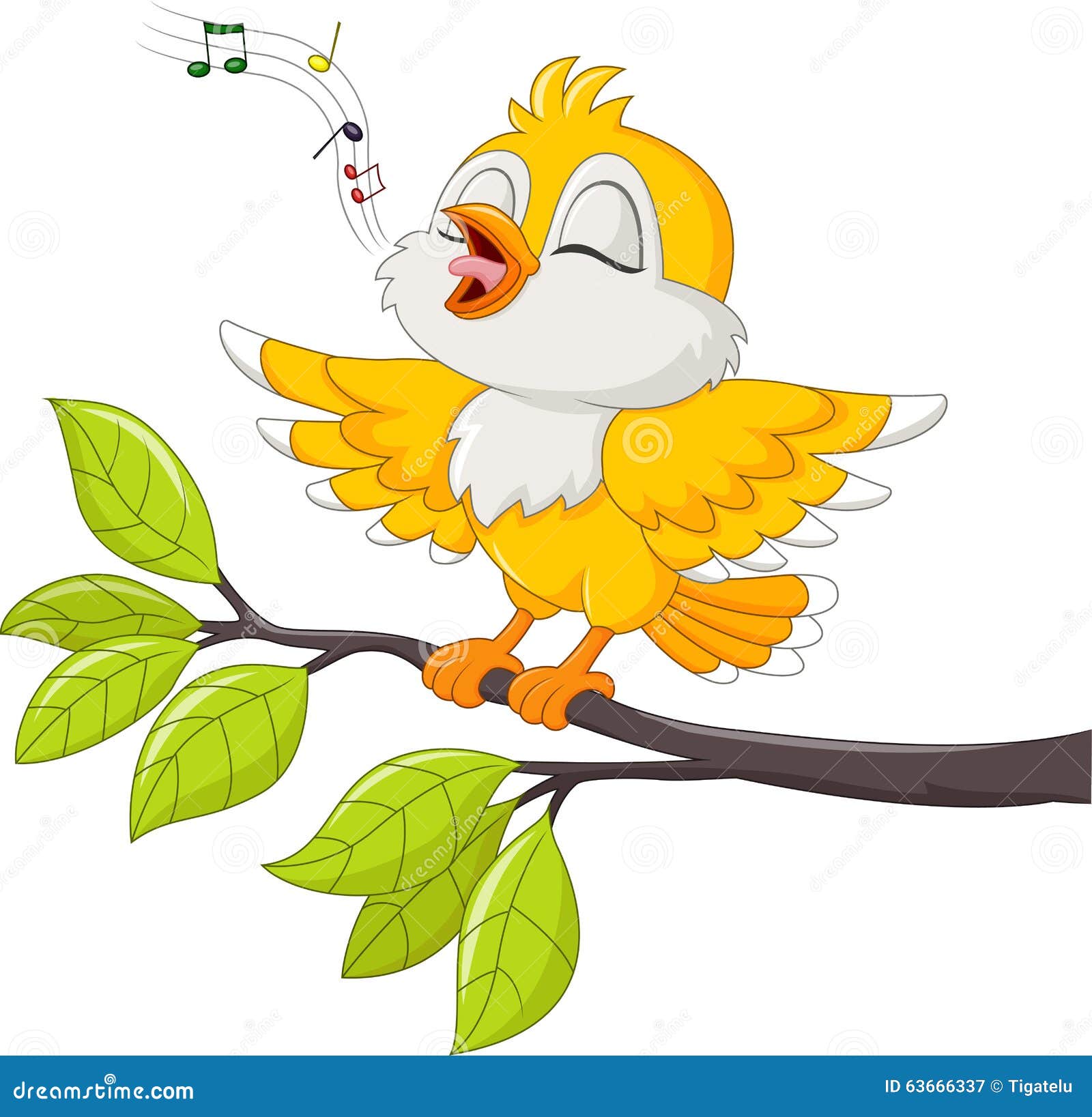 cute yellow bird singing on white background