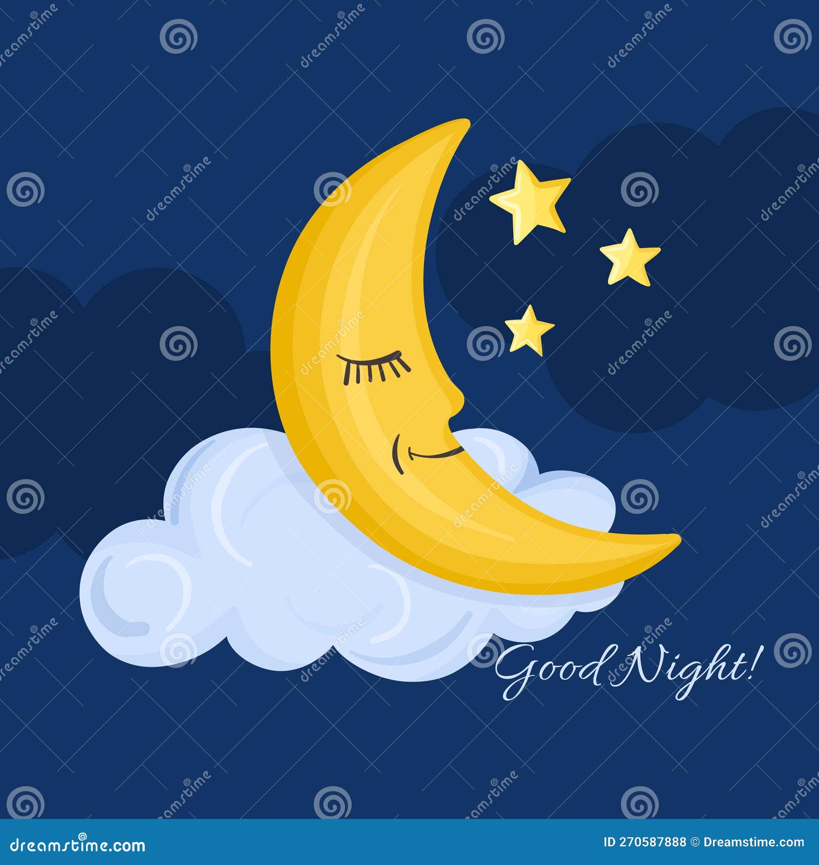 Cute Yellow Half-moon in the Night Sky with Stars and Lettering Good ...