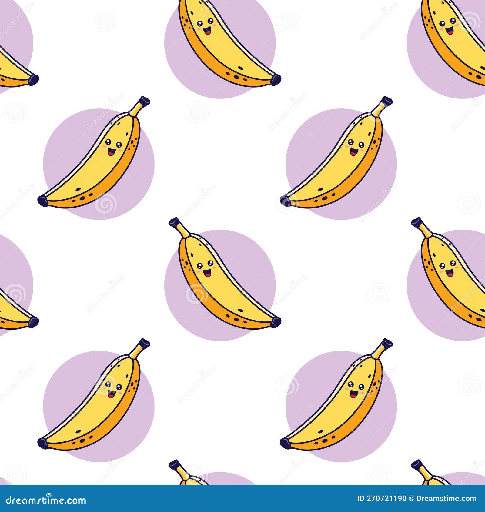 Cute Yellow Kawaii Banana Seamless Pattern in Doodle Style. Vector Hand ...