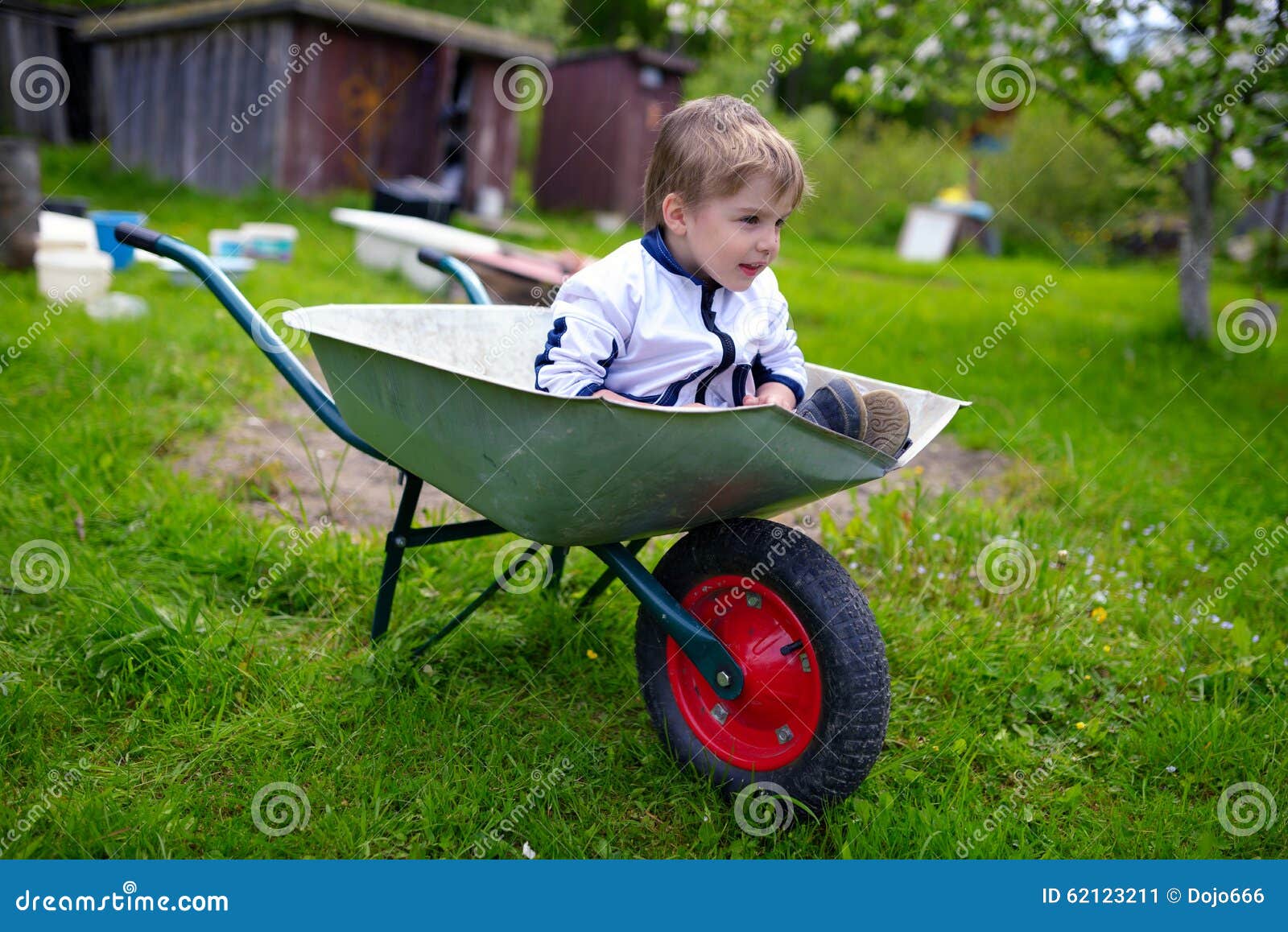 Cute Young Baby Boy Inside Wheelbarrow In Garden Stock Image Image Of